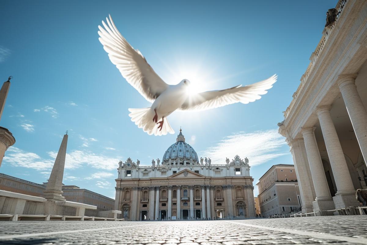 a seagull flies over the columns of Saint Peters Square in the Vatican, blue sky, low angle shot, sunny day, medium shot, high quality photo