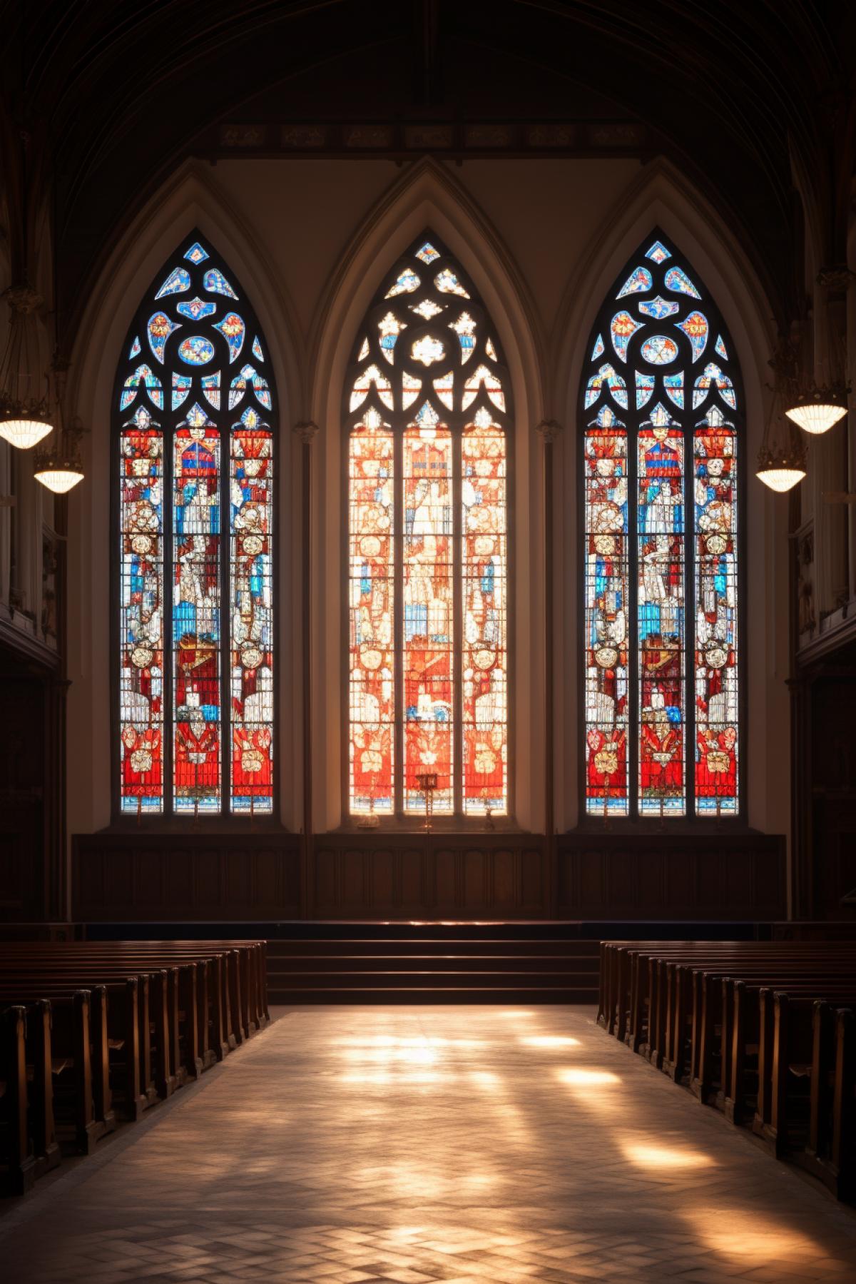 three large stained glwindows in a church, in the style of robert john thornton, chiaroscuro mastery, conrad shawcross, byam shaw, light white and light red, ricoh r1, azure and amber