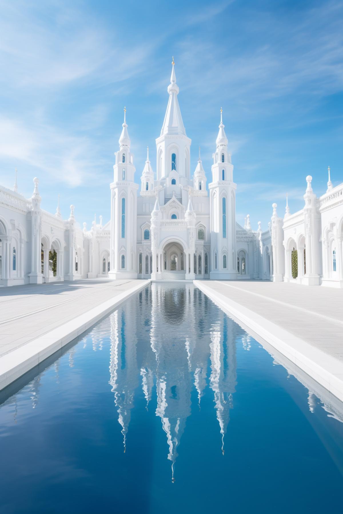 this photo shows a white cathedral under a clear sky, in the style of uhd image, white and blue, maranao art, low-angle, new american color photography, majestic romanticism, high quality photo