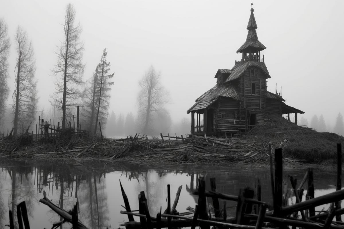 Wooden Orthodox church in the Karelian swamps, fog, ominous, devastation