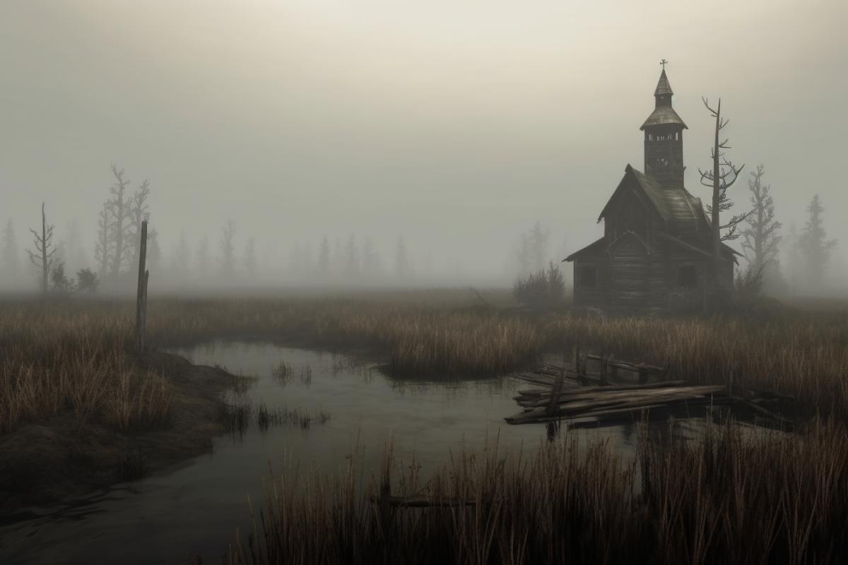Wooden Orthodox church in the Karelian swamps, fog, ominous, devastation