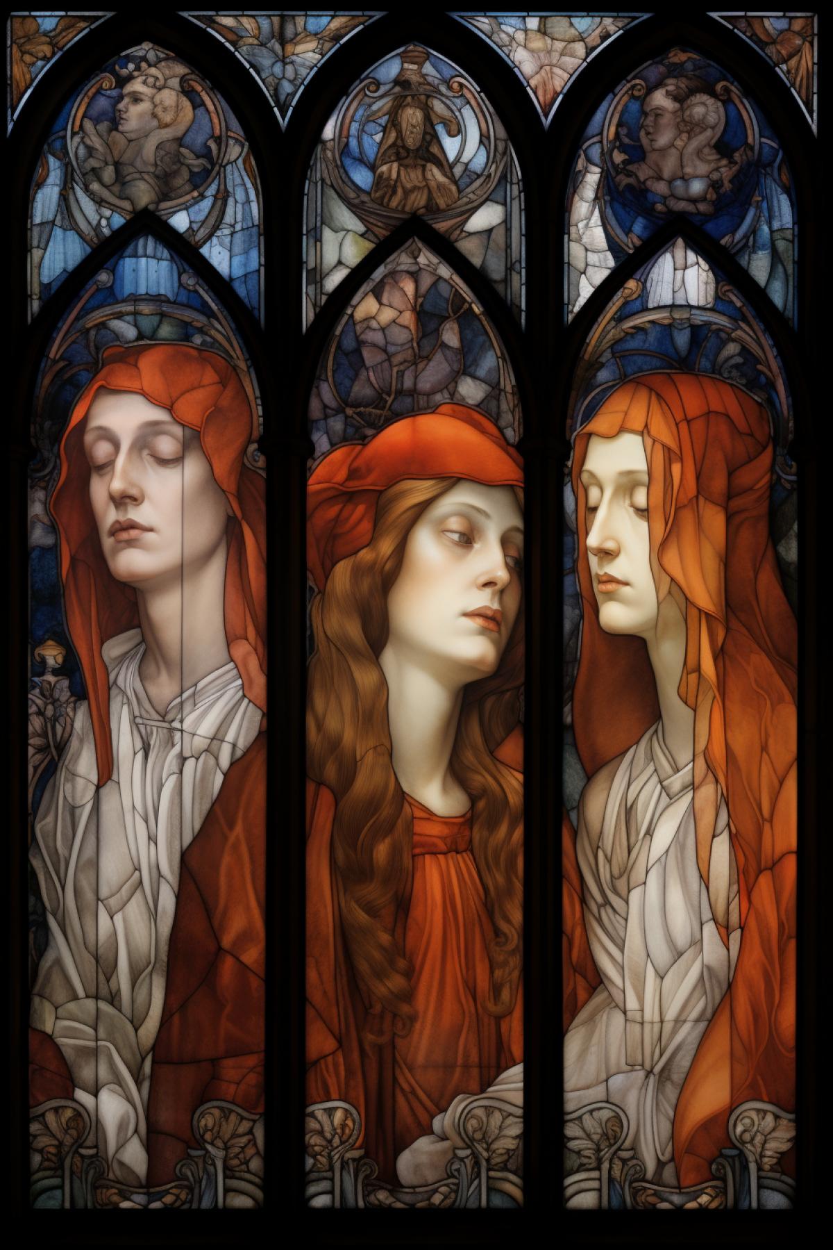 a view of five stained glwindows in a building, in the style of dark white and light red, pre-raphaelite realism, strong contrast between light and dark, light orange and light indigo, detailed drapery, distinctive and defined faces --no hands