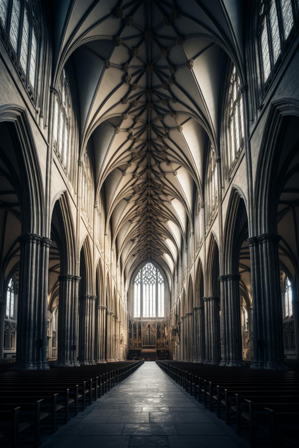 a large cathedral with high ceilings and ceiling beams, in the style of ominous vibe, english countryside, topographic photography, intricate surfaces, havencore, intricate lines, straight photography