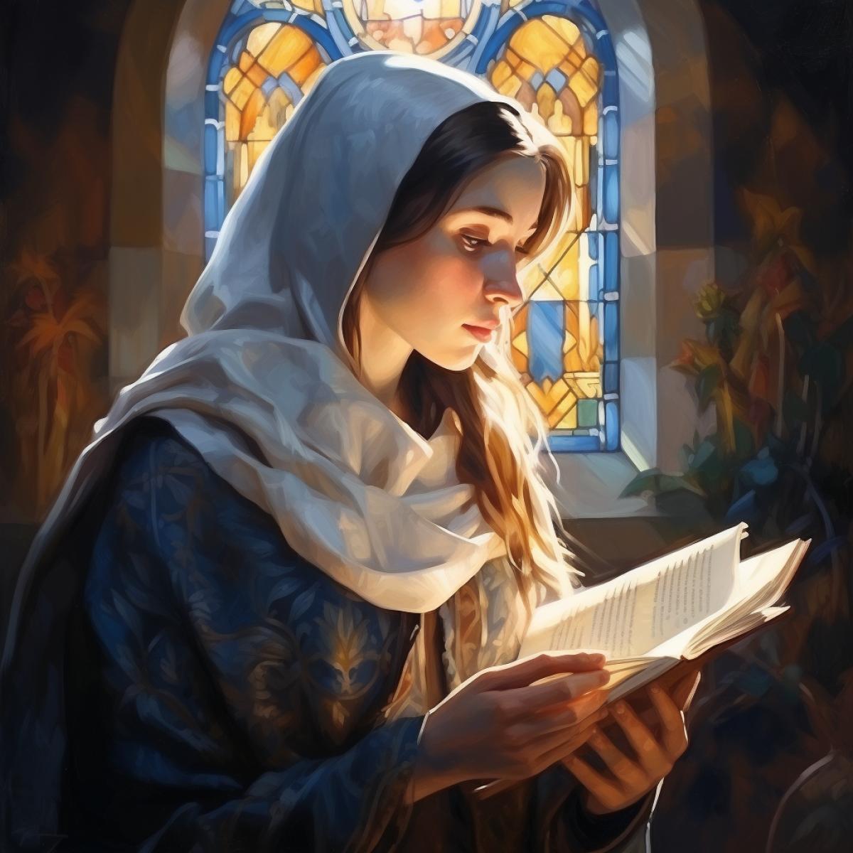 A young girl of 25 years old, reads a prayer in an Orthodox church, icons, large windows, a checkered scarf on the girls head