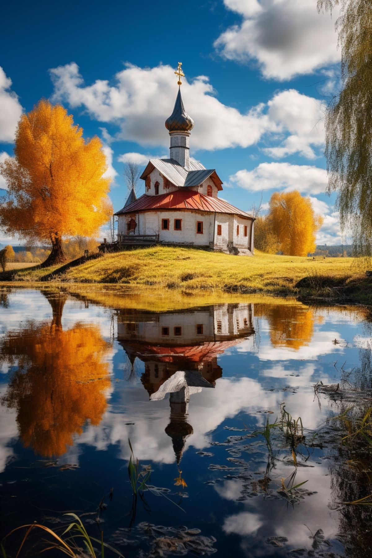 old Orthodox church on the bank of a winding river, bright autumn trees, clouds, blue sky, blissful atmosphere, photography by Nils Steiner