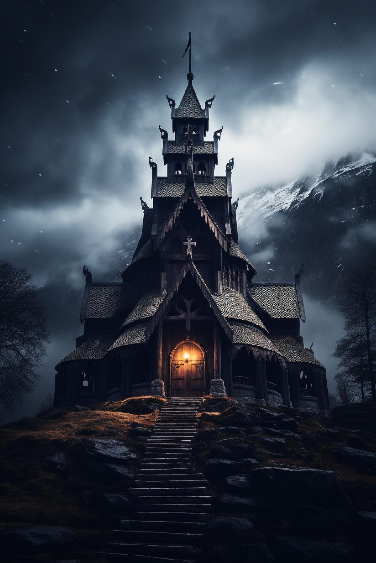 A towering Viking stave church in Norway on a stormy moonlit night, lit from inside, cinematic photography, epic sky, epic lighting, old barren trees, mountains