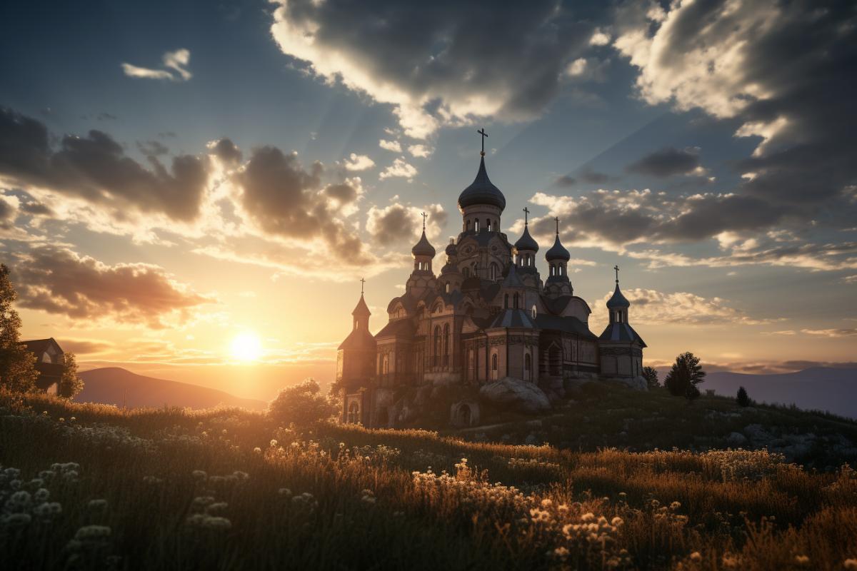dramatic sunrise over The Church of the Transfiguration, unreal engine, 70 mm lens no blur
