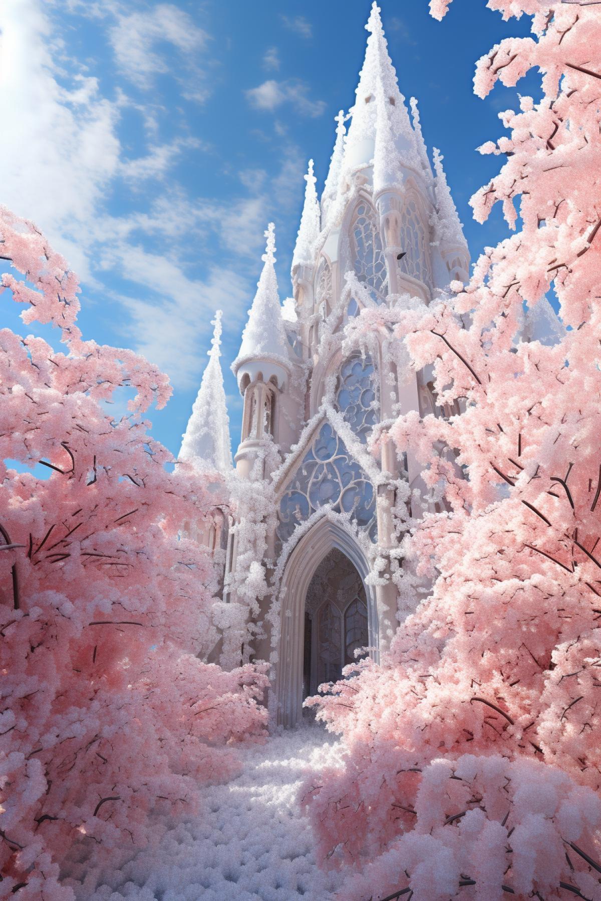 Tall crystal magic of the rose church garden, Frozen rose bushes, Frozen Rose, Scattered Roses, Snow, rose paths,crystal clear and self-luminous, glowing ovules and lava crystalline ginger, Blizzard style art station trends, Magical Light Mist, Tree Cloud, Volumetric lighting, Volumetric light, Lights, Ultra wide angle lens, Surreal, 8K, DeviantArt, Epic com4k, Film version, Octane rendering, 8K resolution, detailed landscape painting by Ivan Shishkin, landscape vista photography by Carr Clifton & Galen Rowell, Nausicaa Ghibli, Breath of The Wild, Alena Aenami,