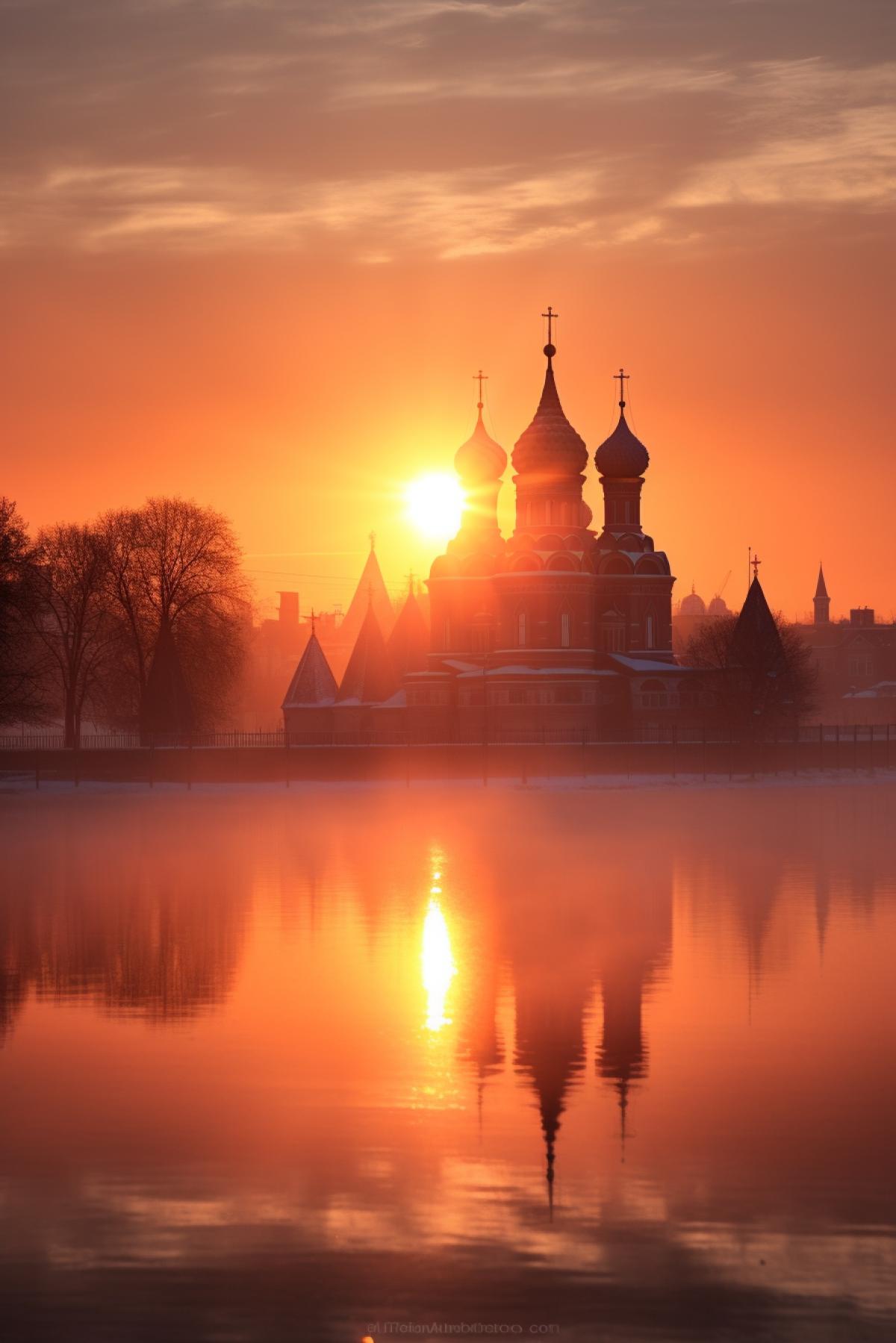 A peaceful Easter morning, with the sun just beginning to rise over the spires and domes of a Russian Orthodox Church, illuminating the faithful gathered in prayer