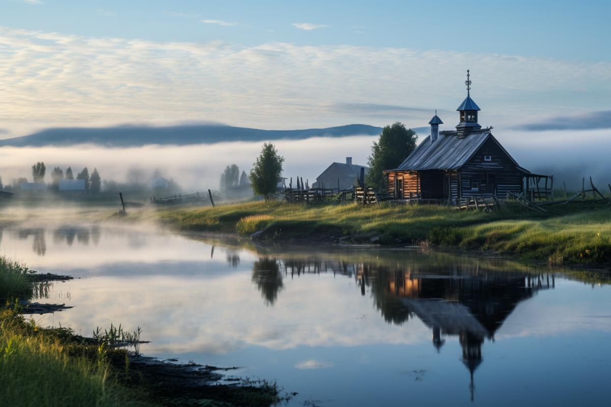 A professional photograph Russian North, a village of old wooden houses in the Russian style, wooden old church, river, old wooden bridge, fog over the water, mist over the water, summer, northern lights, tundra, rare small trees, beautiful atmosphere, spirituality, mystery, highly detailed, ultra realistic, sharp focus, soft light, wide angle, medium shot, 4K, UHD