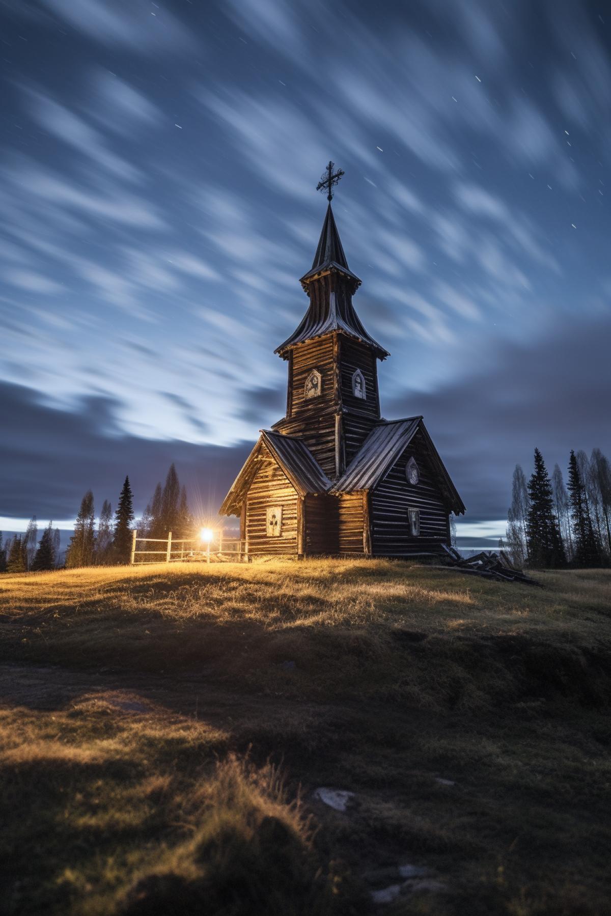 A professional photograph Russian North, wooden old church, night, northern lights, tundra, rare small trees, gloomy atmosphere, highly detailed, ultra realistic, sharp focus, soft light, wide angle, medium shot, 4K, UHD