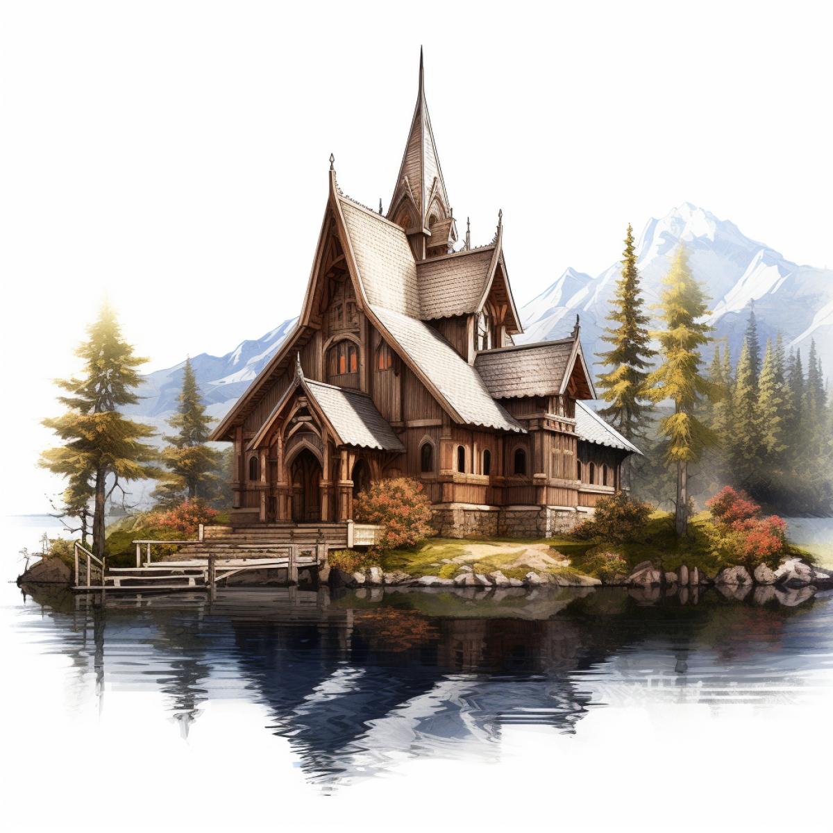 white backgrounded architectural drawing of norwegian stave church style holiday home lakehouse with pier with white background point perspective corner view wooden structure mahagony wood couple of blue domes clean lined shilouttes hyper realistic detailed beautiful lush mountain vegetation with pinetrees evergreen plants nature rule of thirds realistic maximalist spectacular details concept art cinematic atmospheric epic com4k warm sunset light vibrant colors high contrast ar Image