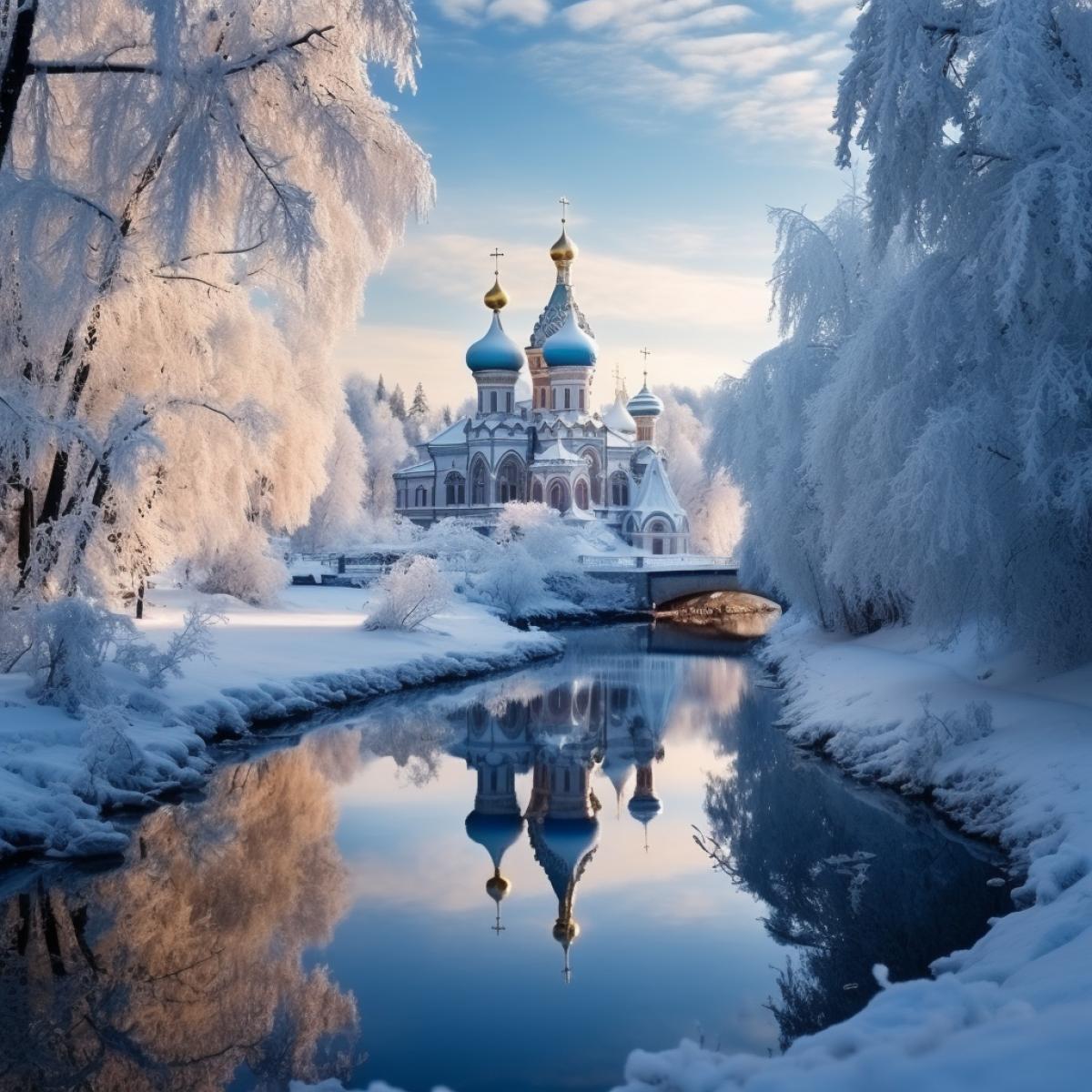 Orthodox church, winter, forest, river, ice, hill, day, russia