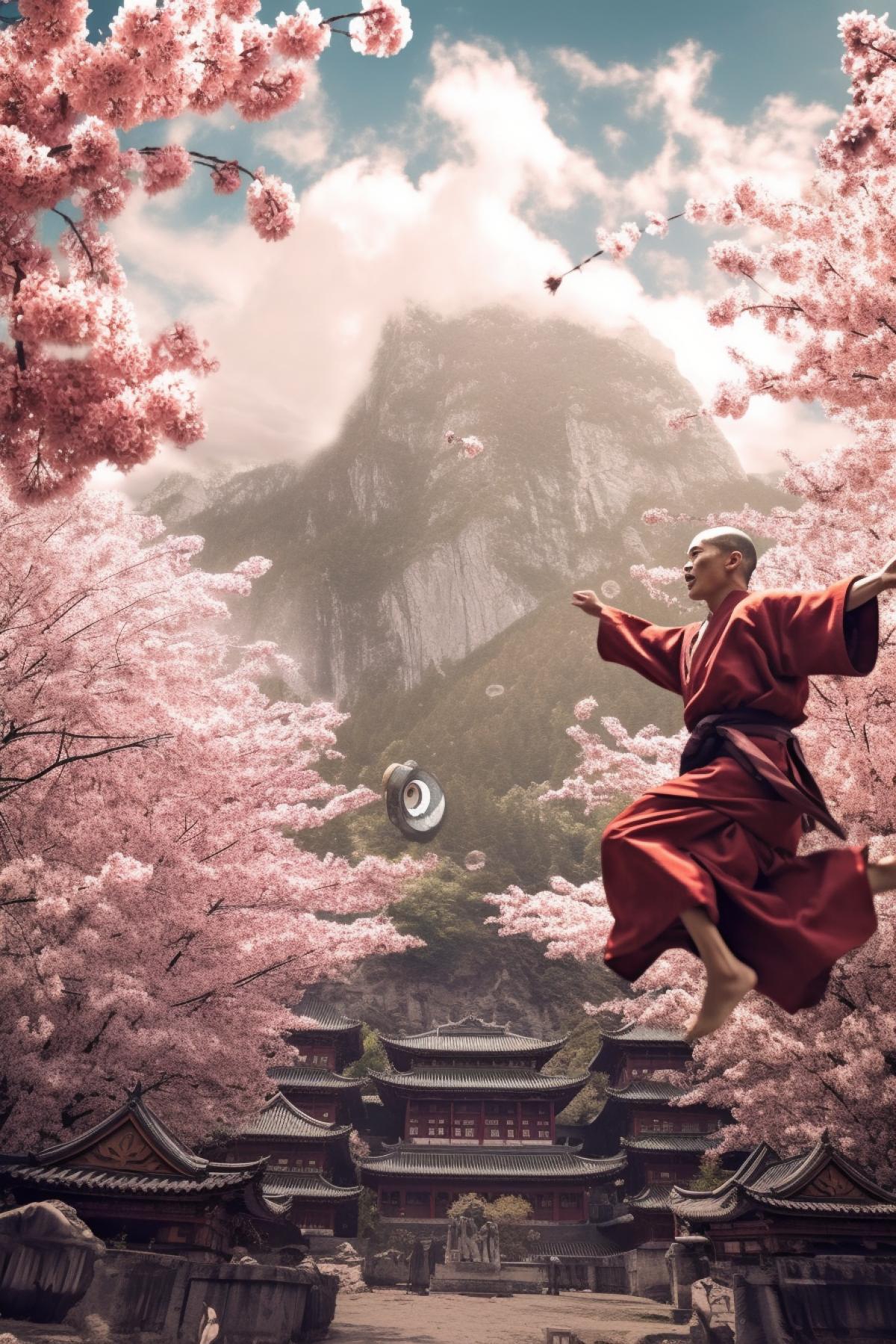 Tibetan Shaolin Monastery in spring, cherry blossoms, monks in beautiful robes make impossible jumps in the air