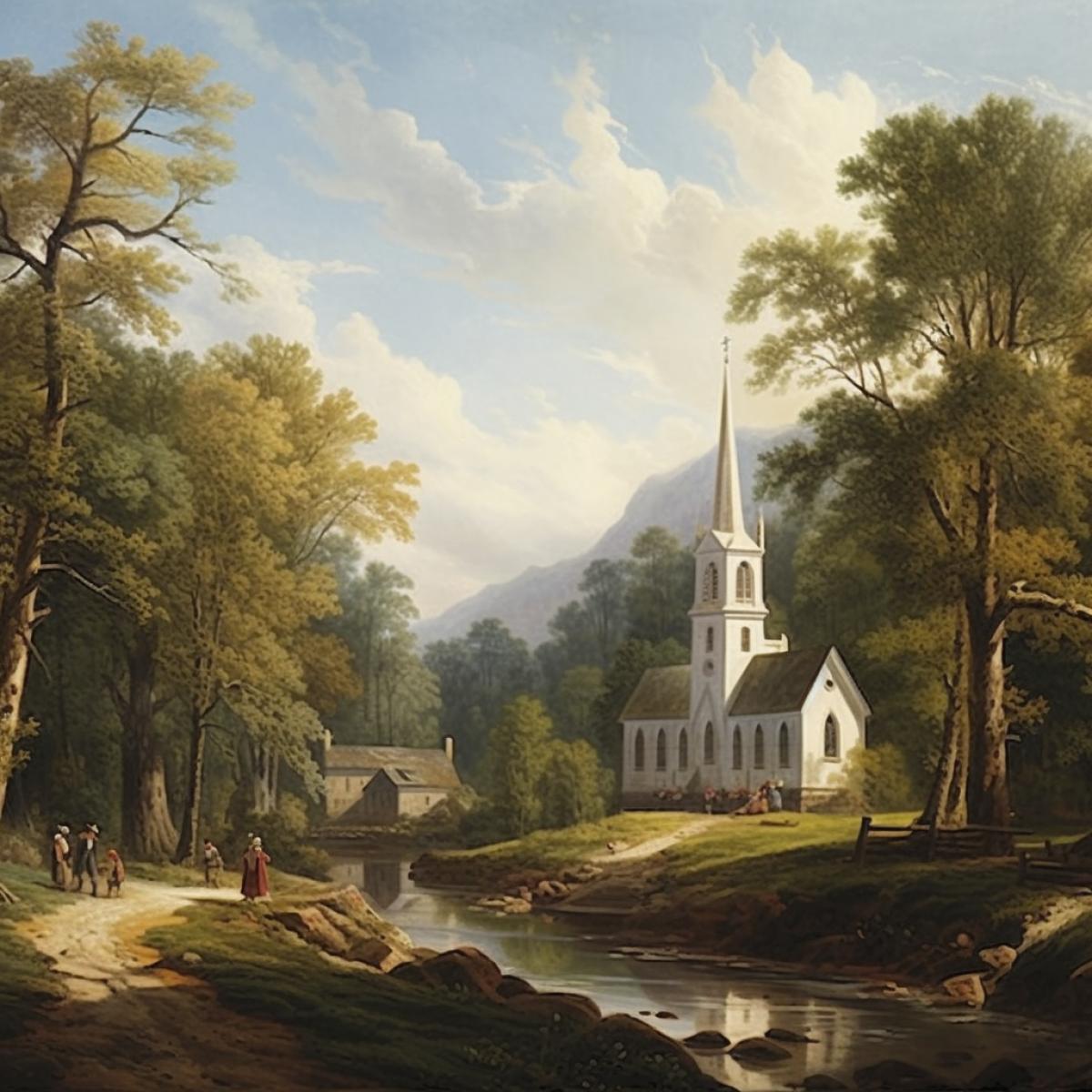 church oil painting, small village, painted by Thomas Cole