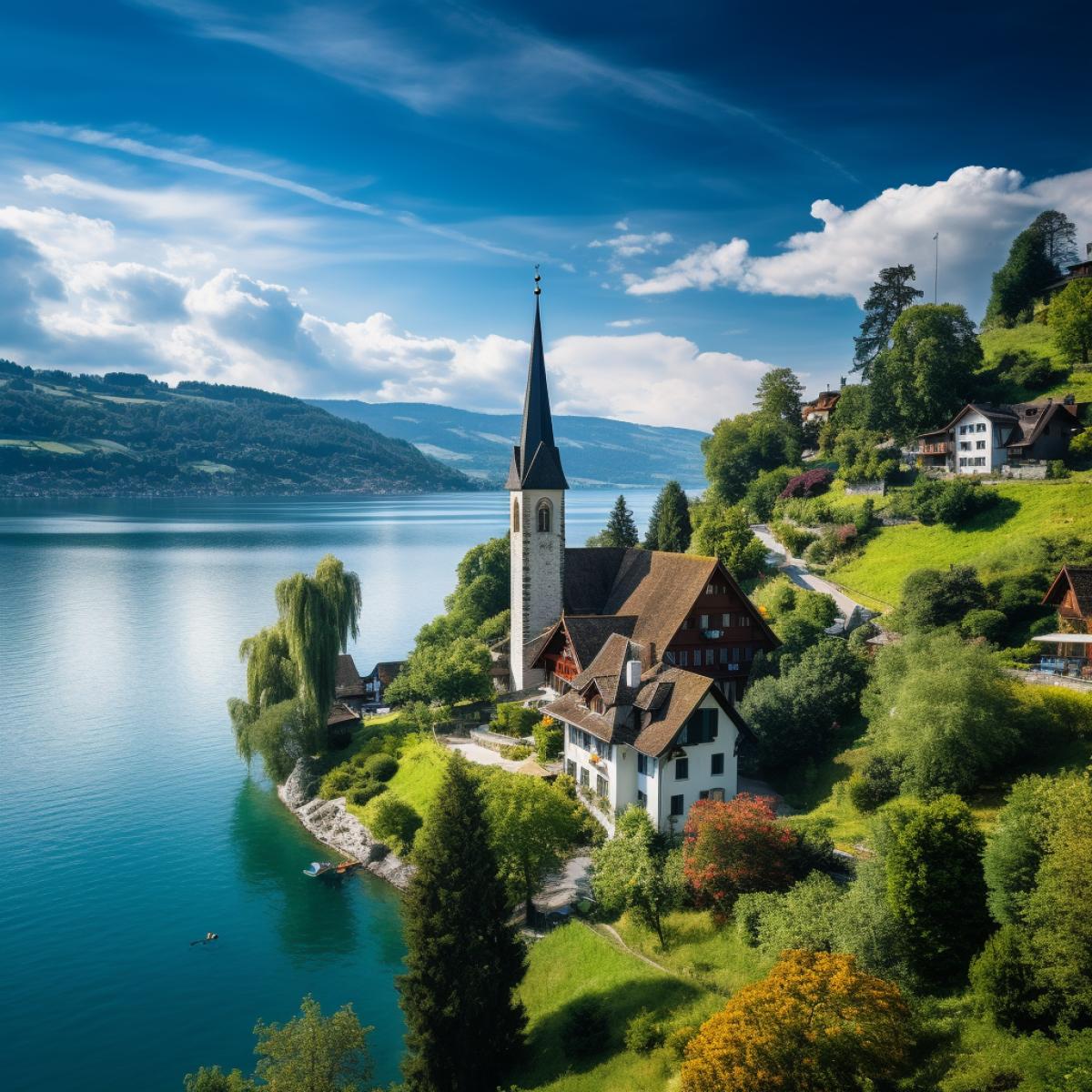 a church sitting on top of a hill next to a body of water, by Ulrich Leman, shutterstock, switzerland, view from high, lead-covered spire, vibrant vivid colors