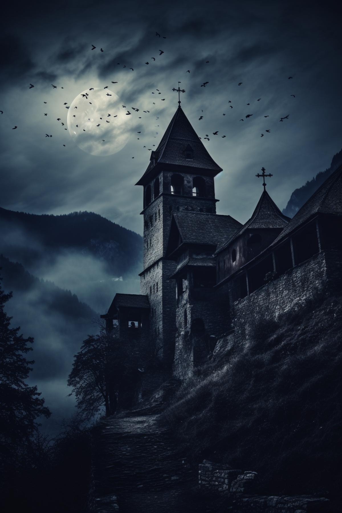 Gloomy and frightening Franciscans medieval monastery in mountains at night moonlight and bats in sky low sight use the dark palette show lots of details and make photo quality
