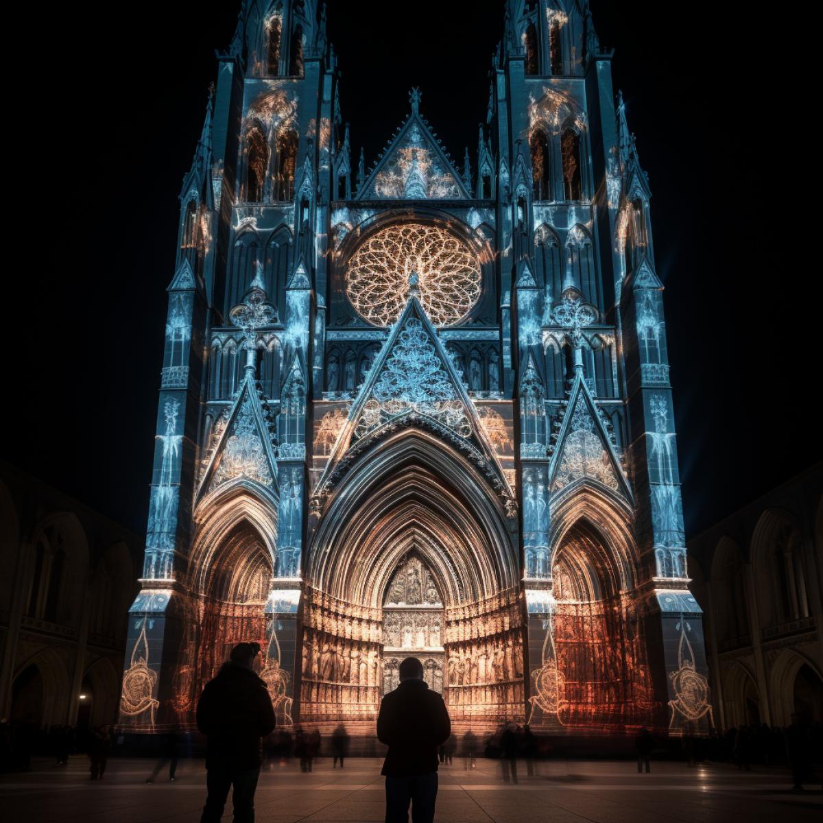 Videomapping on a huge Gothic cathedral at night