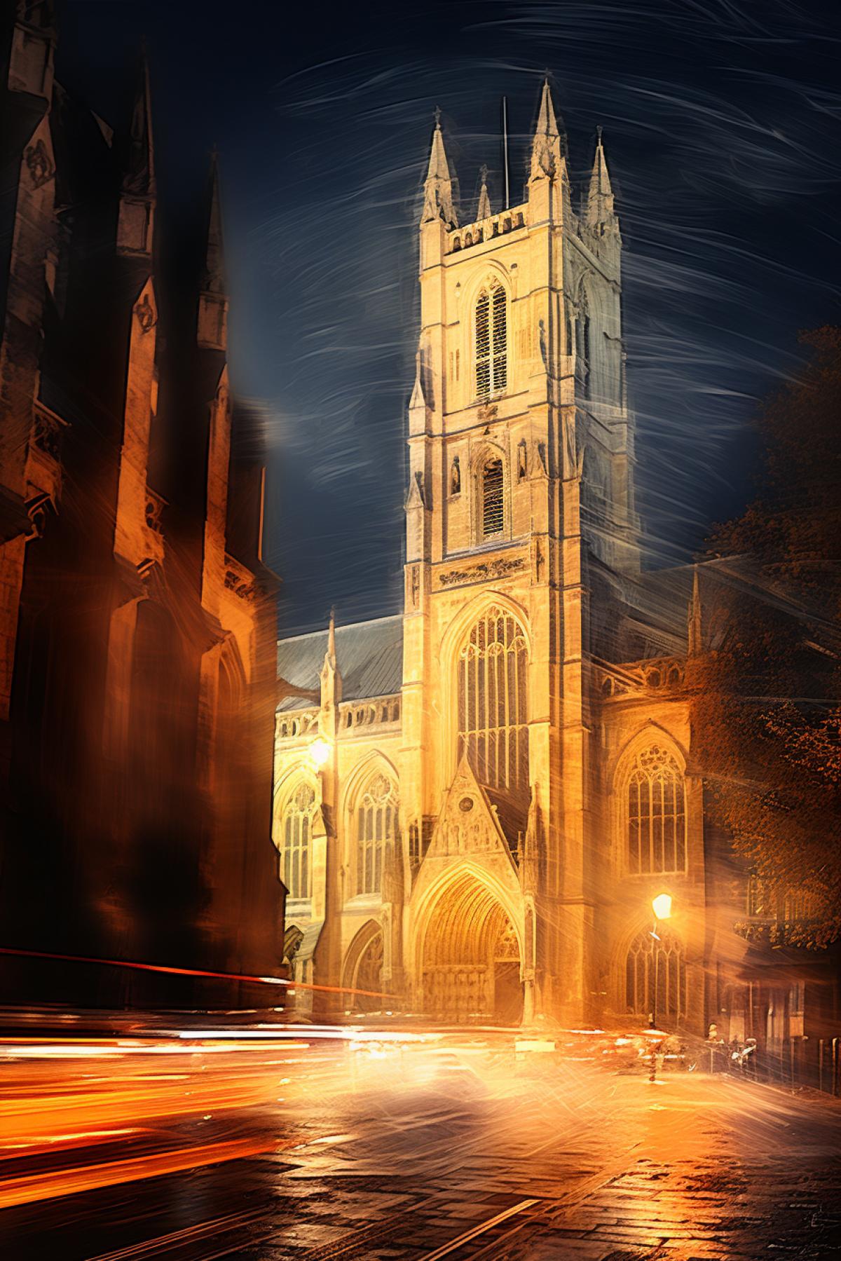 a cathedral at night with lights shining on it, in the style of impressionistic treatment of light, kodak gold, lyon school, motion blur, kodak vision3, british topographical, eerily realistic