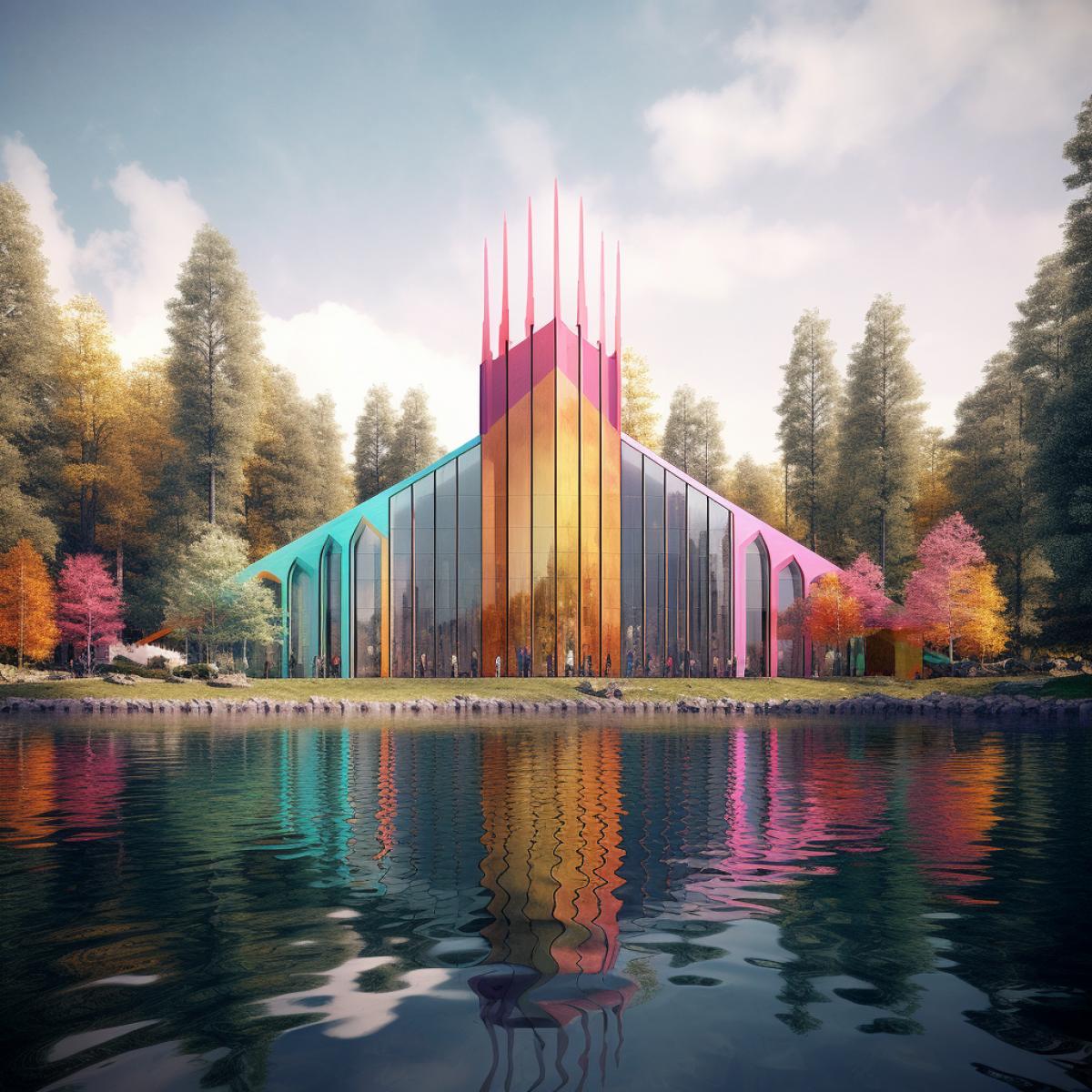 Scandinavian temple, modern architecture, Bright colors