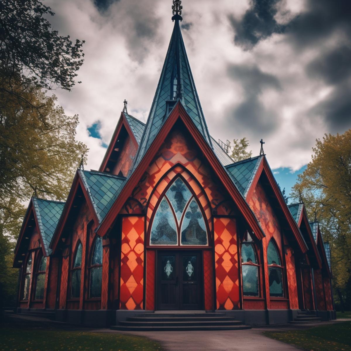 Scandinavian temple, modern architecture, Bright colors. cloudy weather, gothic style