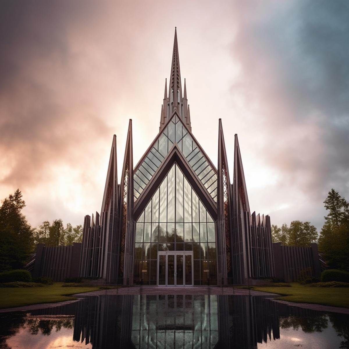 Scandinavian temple, modern architecture, Bright colors. cloudy weather, gothic style, luminous temple