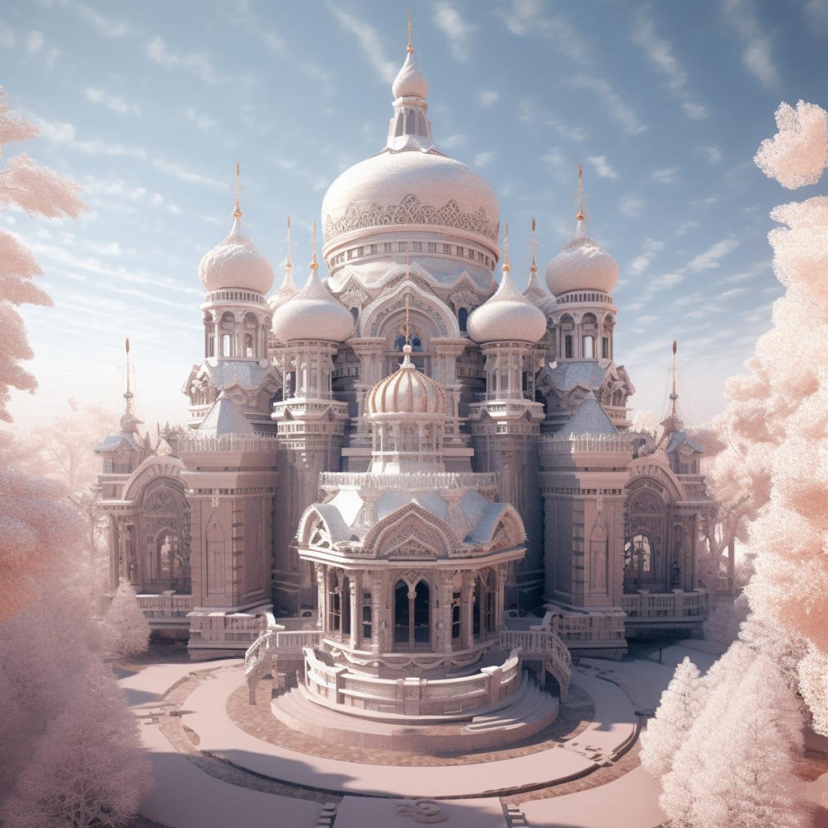 religious temple from another world, powdery color, metallic color. shine, real photo