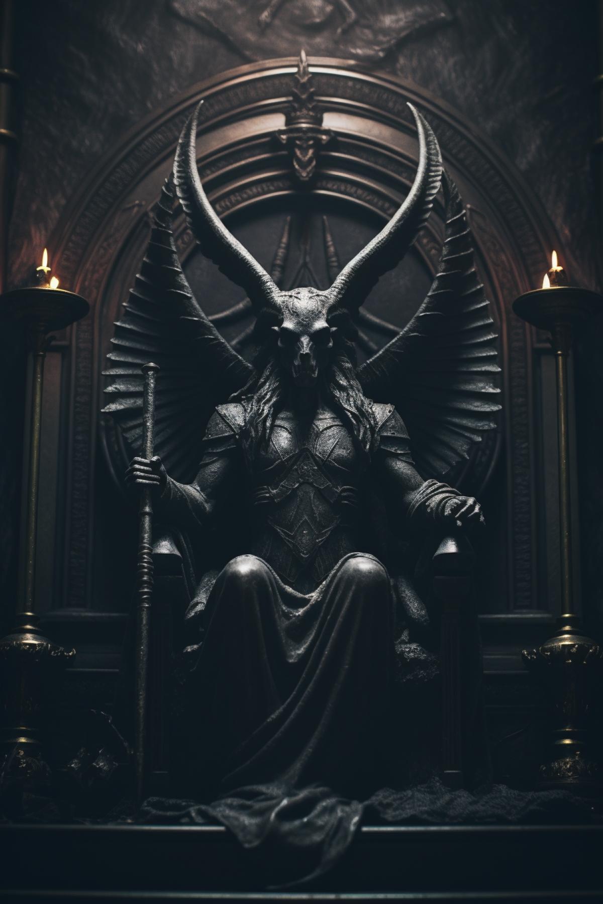 Satanic Temple, church of Lucifer, Baphomet idol, altar, gothic, horror, unholy bible, photorealistic, atmospheric, aesthetic