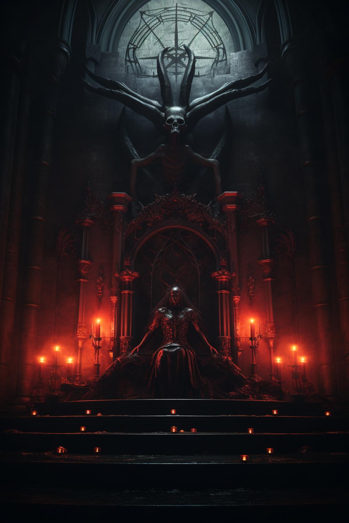 Satanic Temple, church of Lucifer, altar, gothic, horror, unholy bible, photorealistic, atmospheric, aesthetic