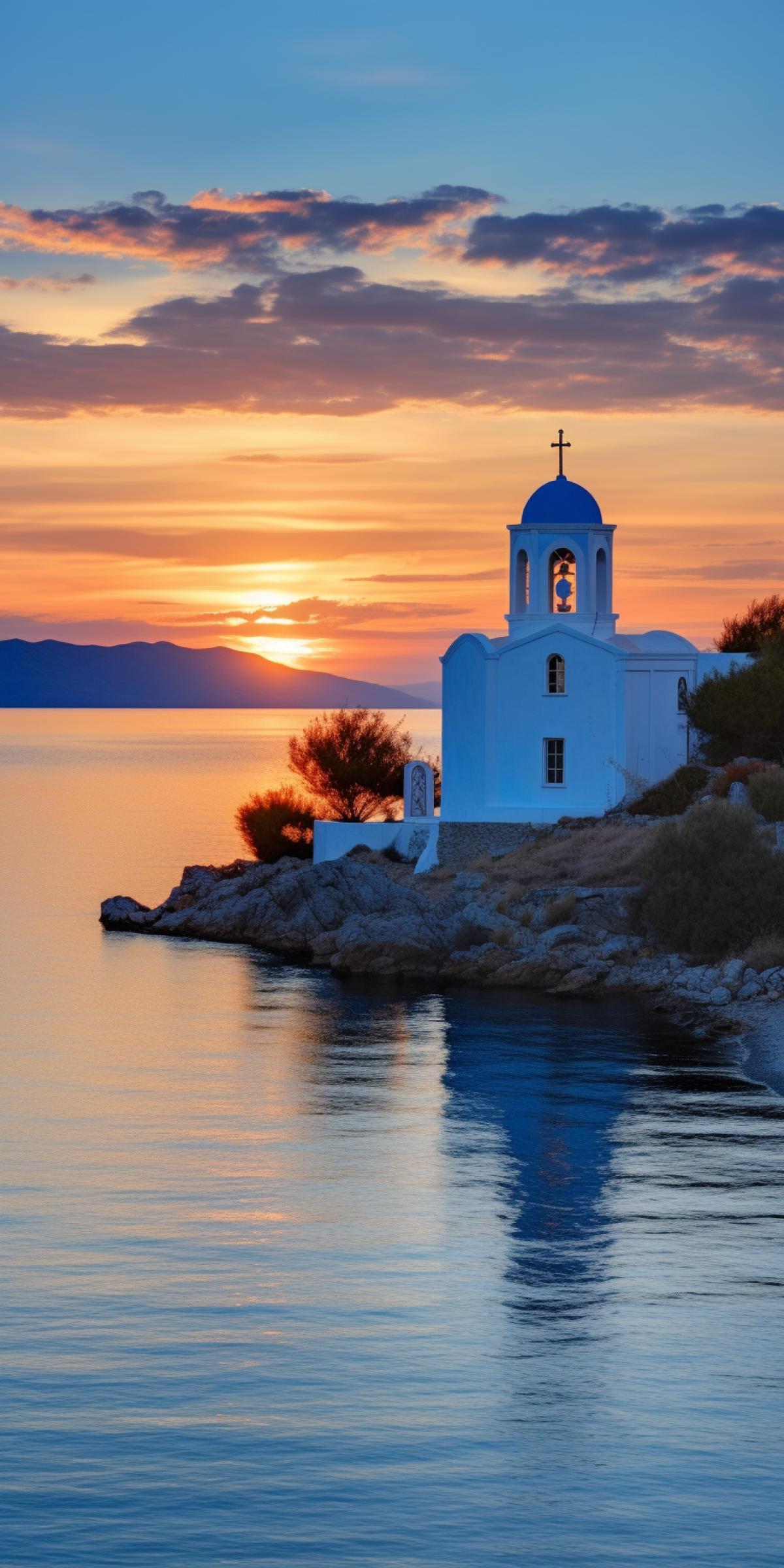 Dark sunset over greek orthodox church on isolated greek island, clear blue and green sea, joy, product photo no laser