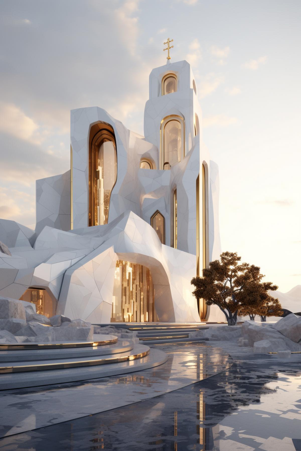 kintsugi themed exo modern church made out of delicate white ceramic and gold, exterior of church, exterior design, fantasy concept, modern architecture, amazing shot, cinematic, detailed photography, majestic, epic com4k, volumetric lighting