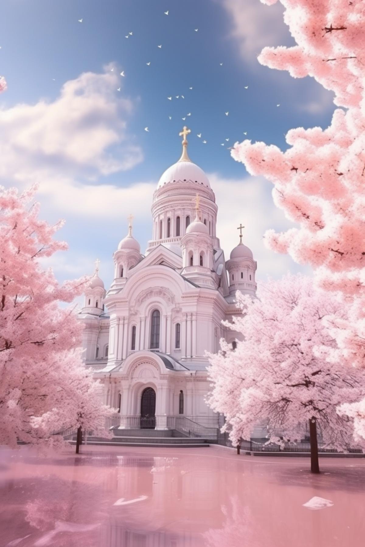 Pale pink futuristic Christian three-storied church among sakura blossom under pink skies use pink palette lots of details high quality photo