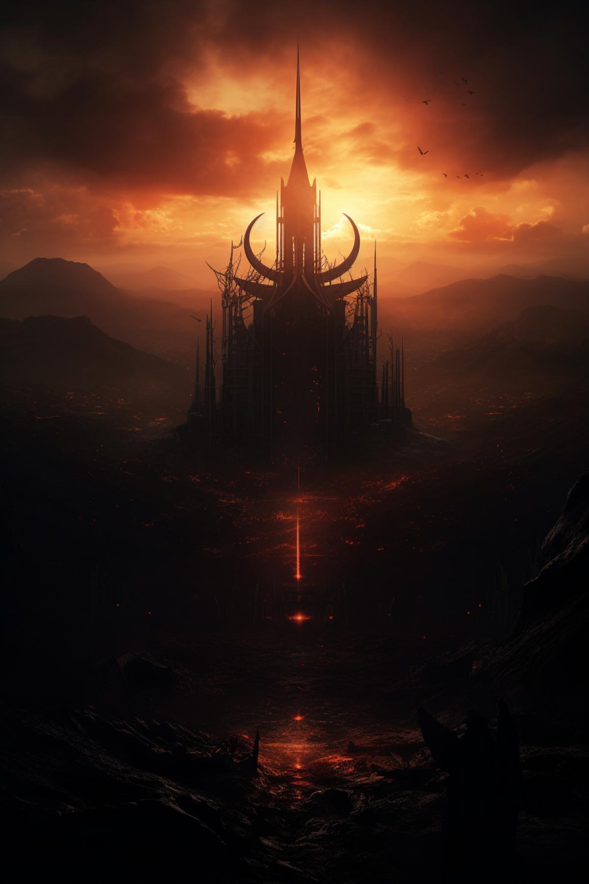 Majestic Satanic temple in the middle of the megapolis , sunset, photorealistic, cinematic, gothic, atmospheric