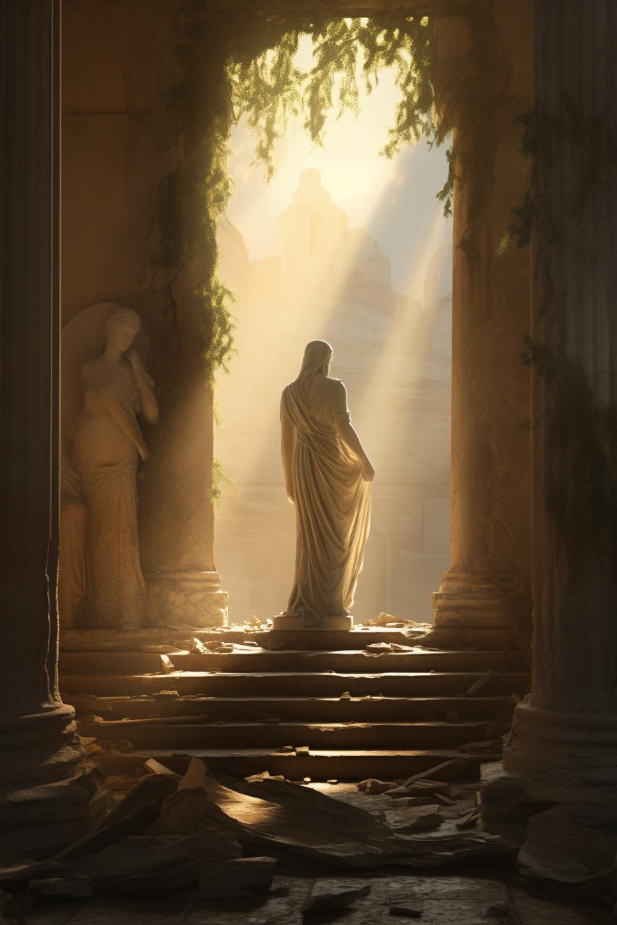 Ancient Greek abandoned temple, Greek goddess statue, photorealism, atmospheric, beautiful light