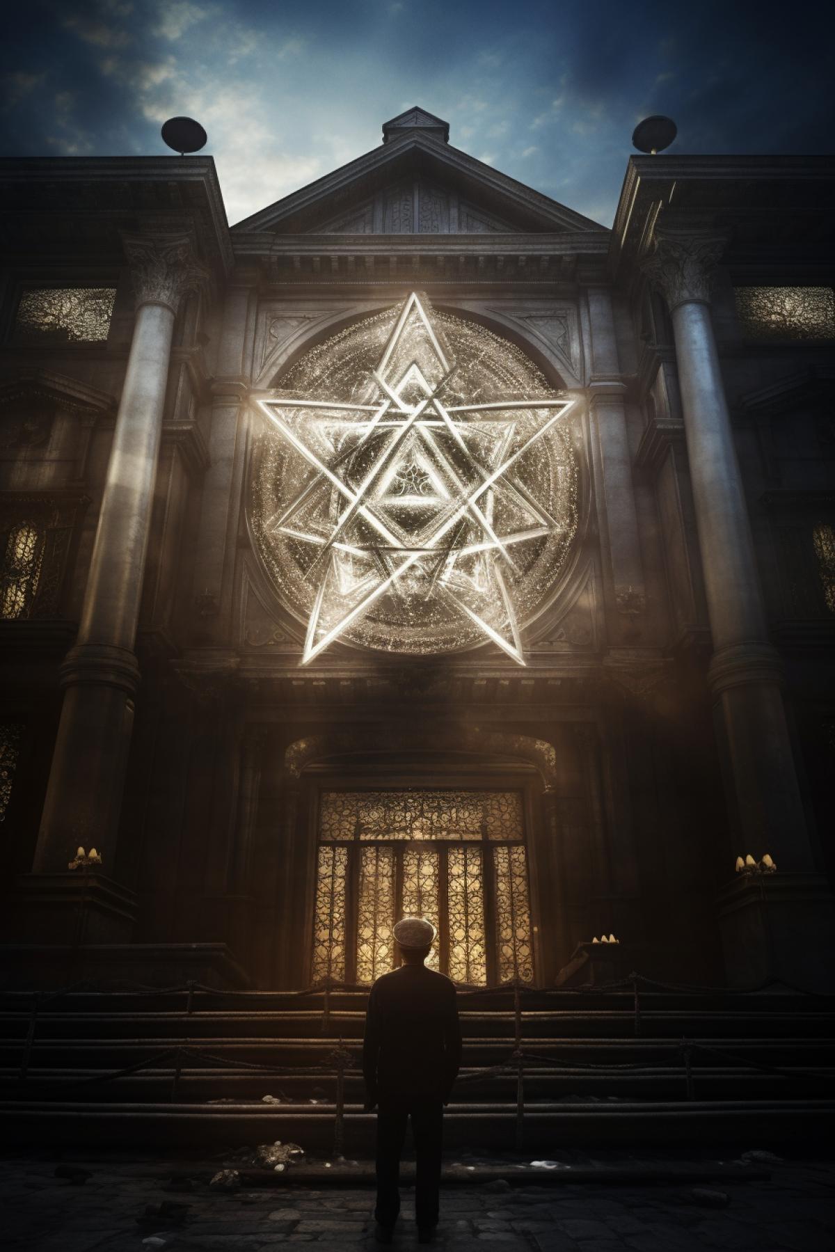 synagogue and Jew, beautiful building with hexagram symbol , photorealistic, dramatic