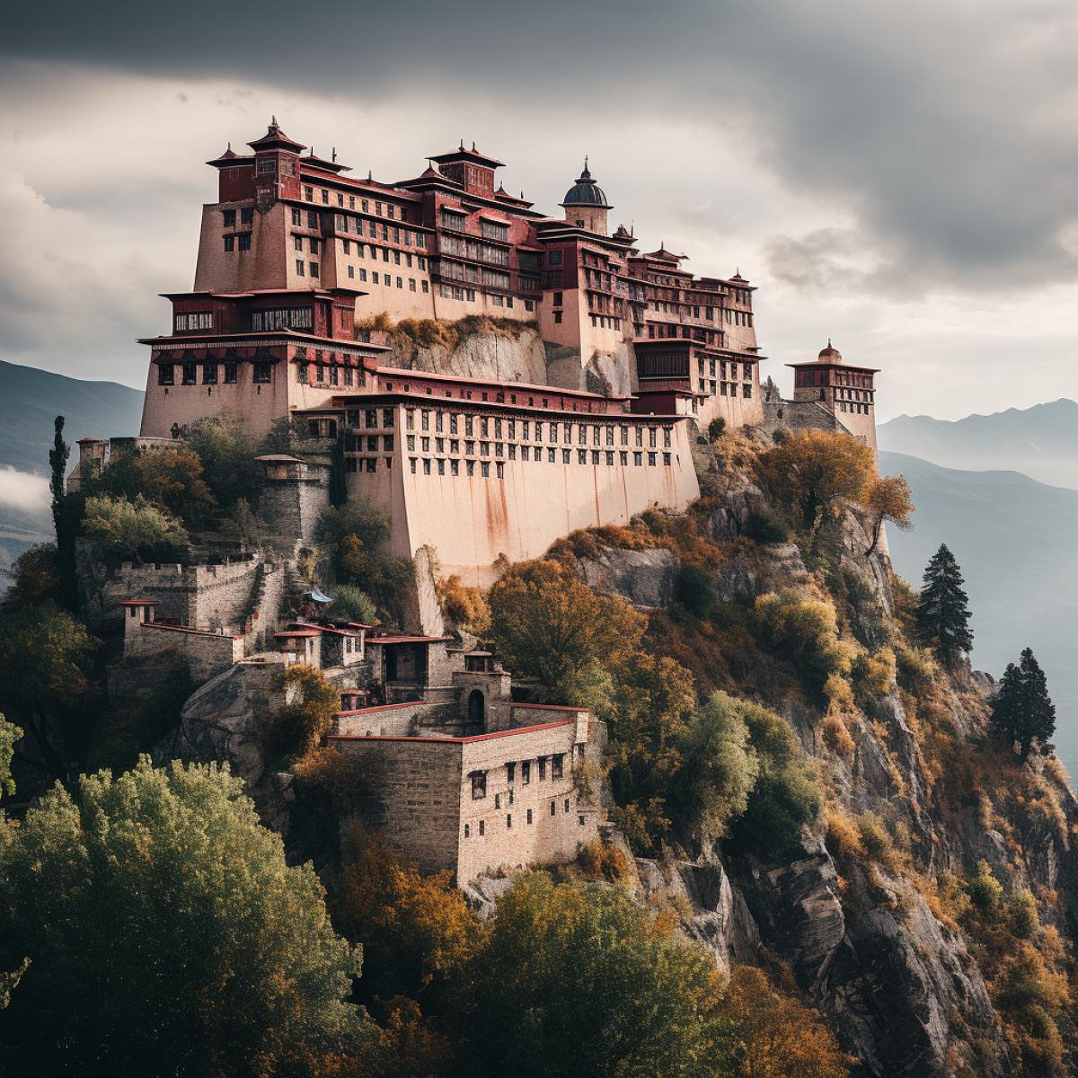 Lhasa, Dalai Lamas palace high in the mountains, surrounded by clouds, a beautiful and majestic building