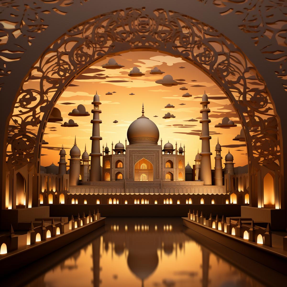 A folding book with three-dimensional paper cut-out pictures depicting the Taj Mahal mausoleum