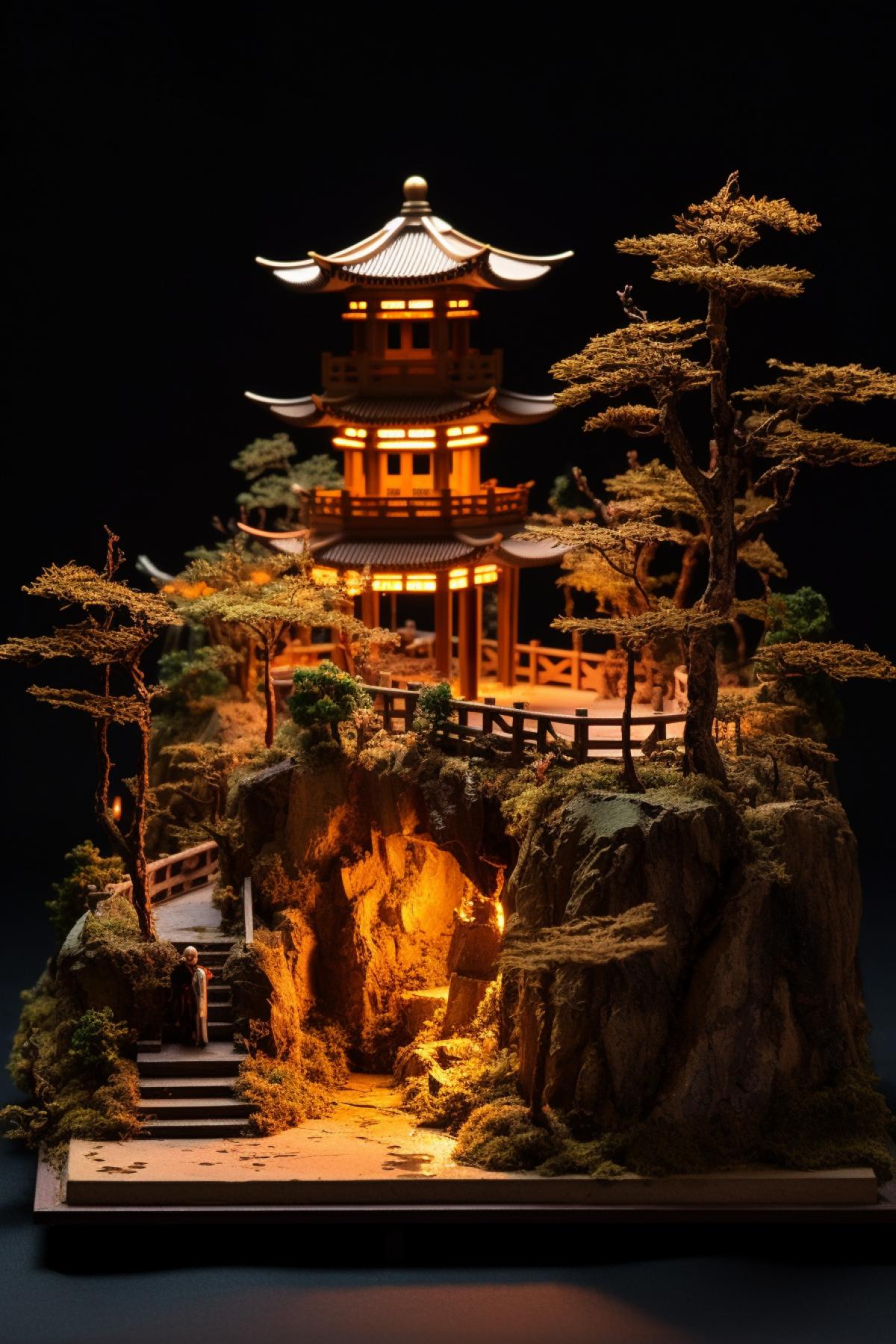 Model of a Shinto shrine in an open landscape carefully created by an architect, just like the real thing, artificial lighting, fine detail, stunning layout