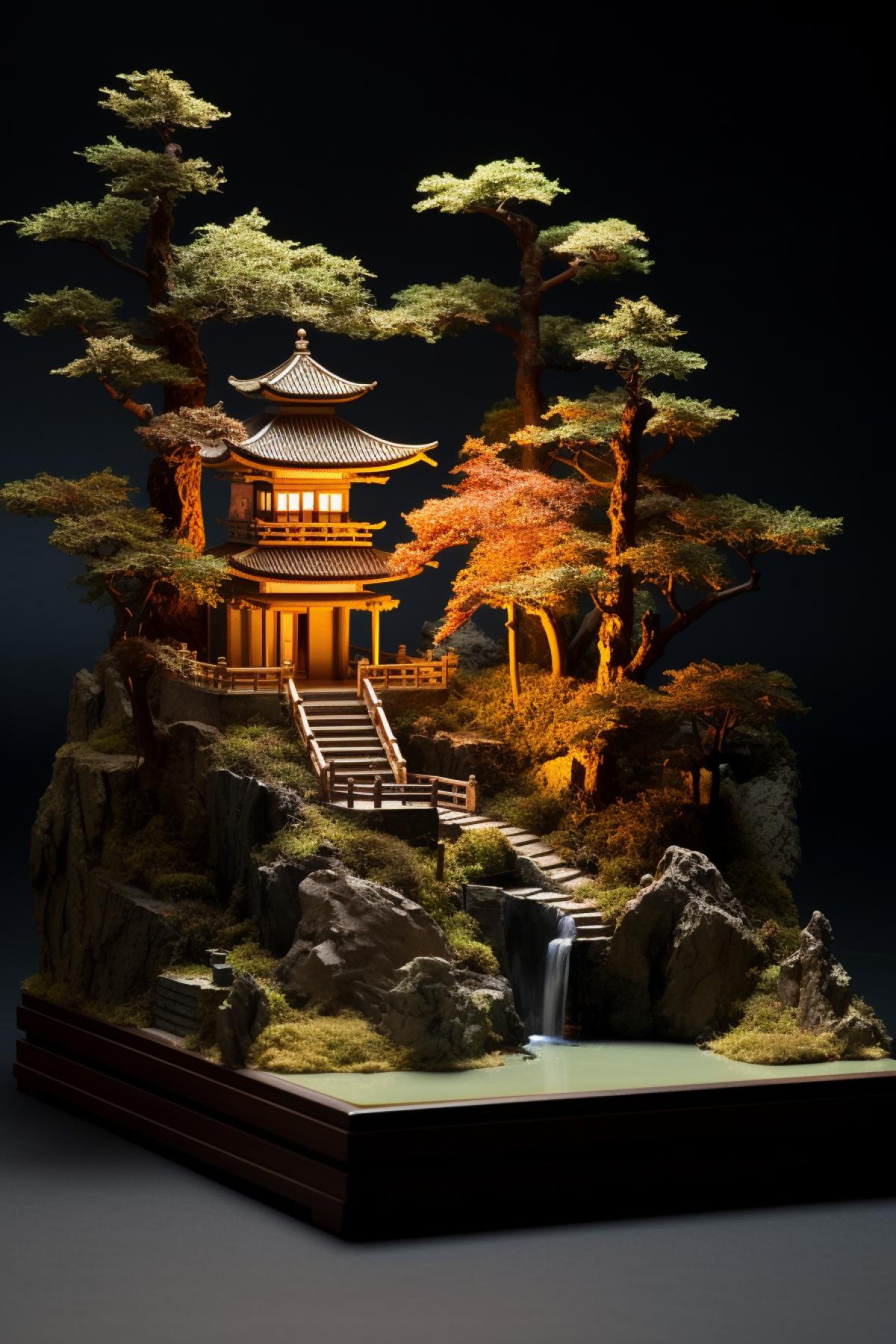 Model of a Shinto shrine in an open landscape carefully created by an architect, just like the real thing, artificial lighting, fine detail, stunning layout