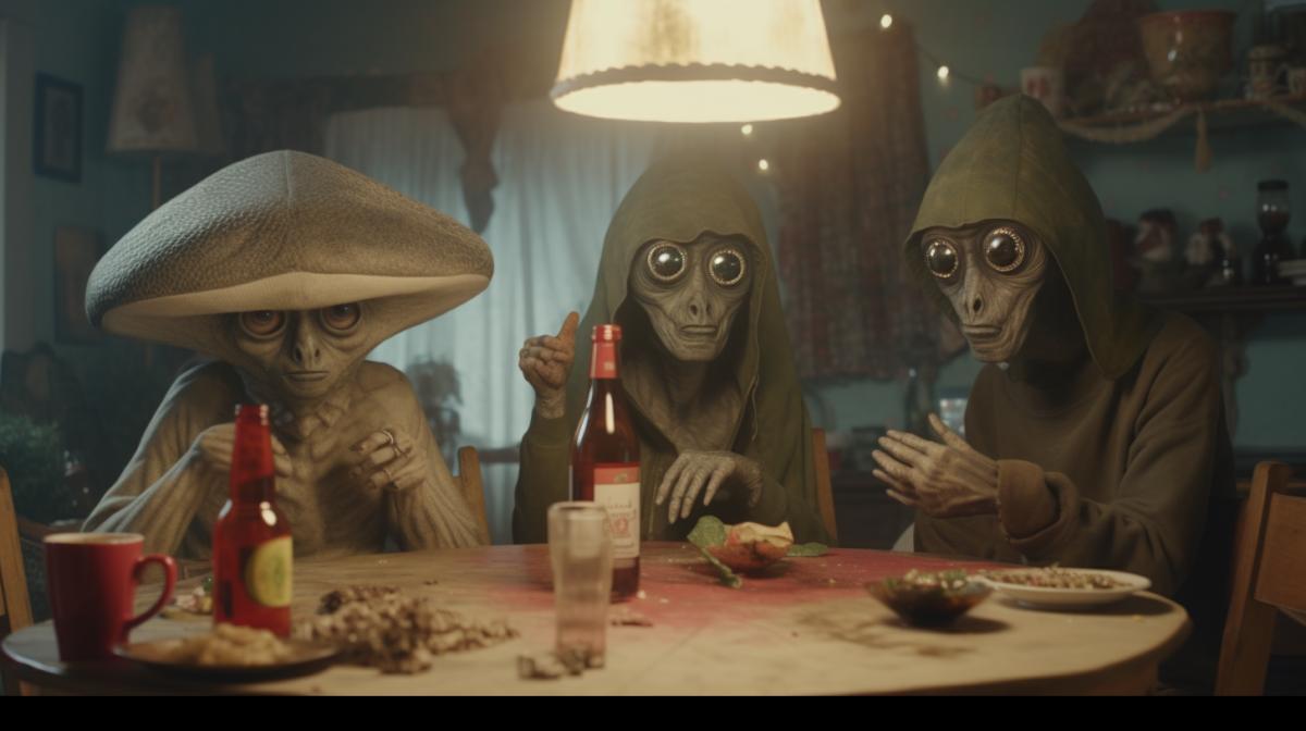 Three aliens sit and play cards in a smoky Soviet kitchen; under the table lies a drunk man with a balalaika and a fur hat. On the table, in addition to cards, there is an ashtray, snacks and vodka. Aliens from different planets. Everything should look very natural, in maximum 4k resolution