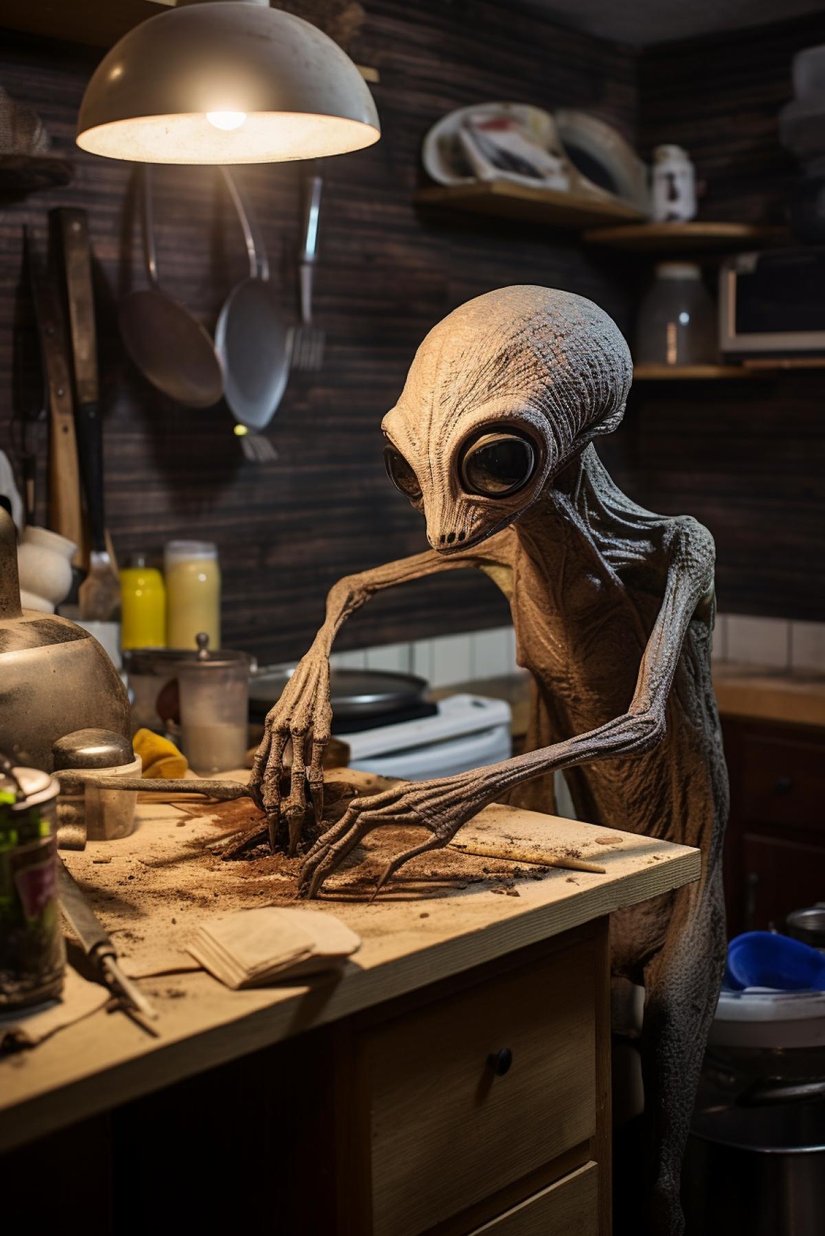 Pop-eyed alien in the kitchen trying to cook wood and metal using saw, axe and hammer