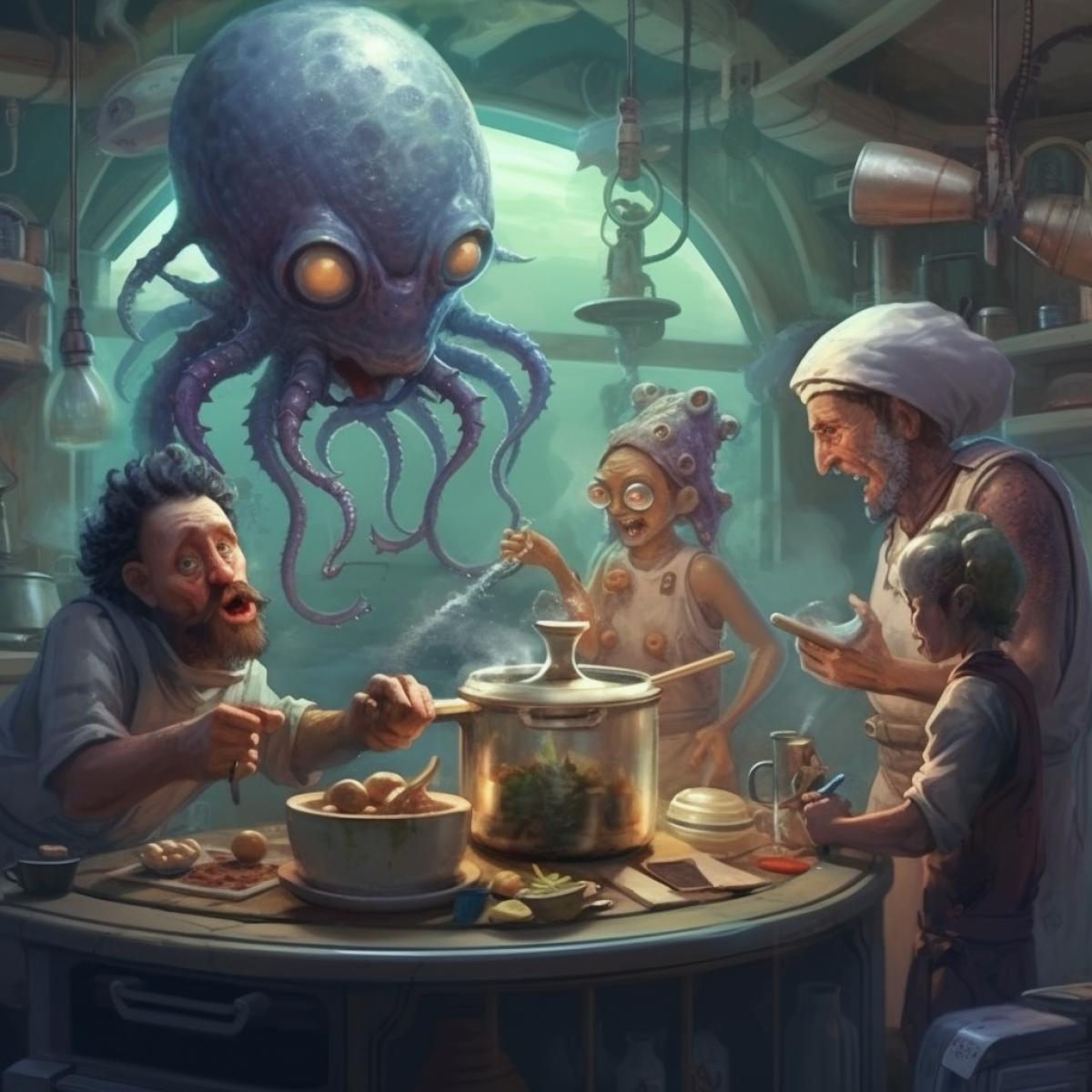 Aliens of different shapes stand in a beautiful kitchen. Someone is preparing an unusual dish with tentacles. Someone drinks a steaming drink. Someone is laughing.
