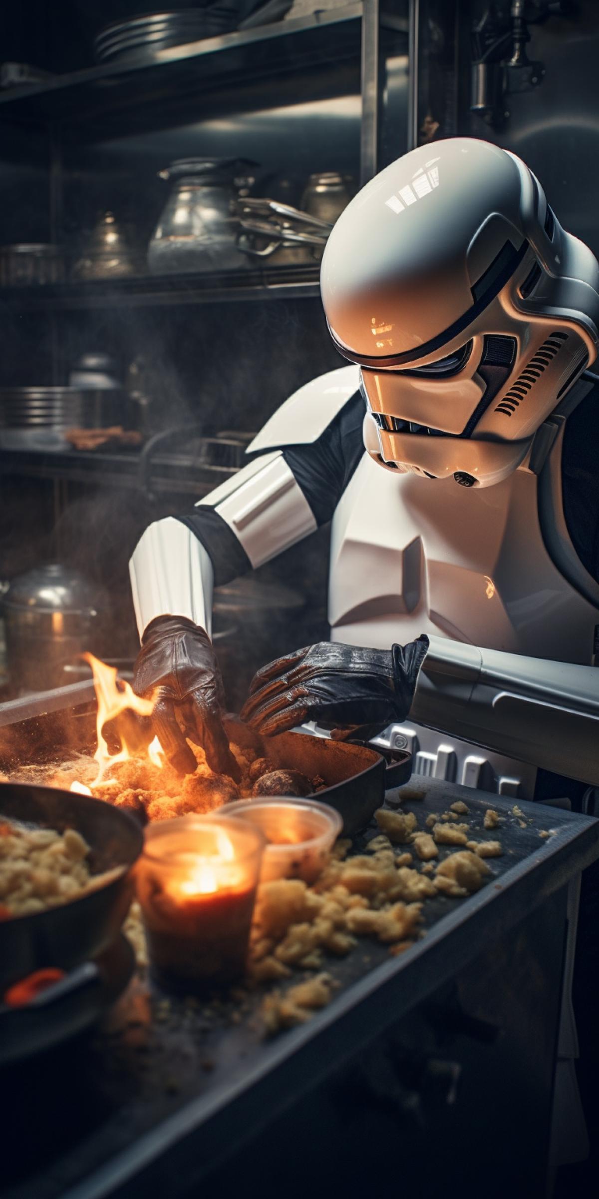 Star Wars stormtrooper cooking food in a starship kitchen , steam, heat, fire, flour, high pixel density photo, grainy filter, cinematic lighting