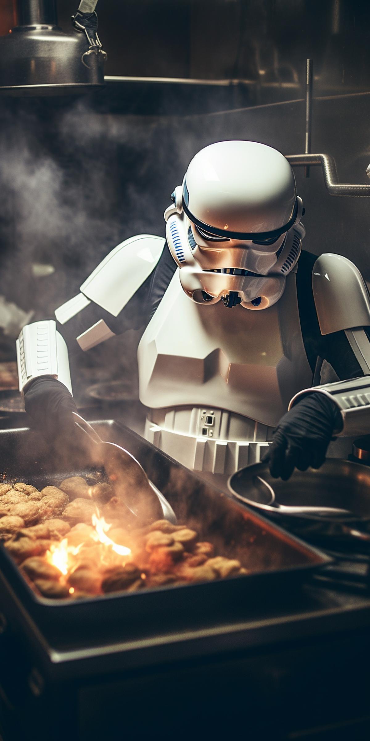 Star Wars stormtrooper frying cutlets in a starship kitchen , steam, heat, fire, flour, high pixel density photo, grainy filter, cinematic lighting