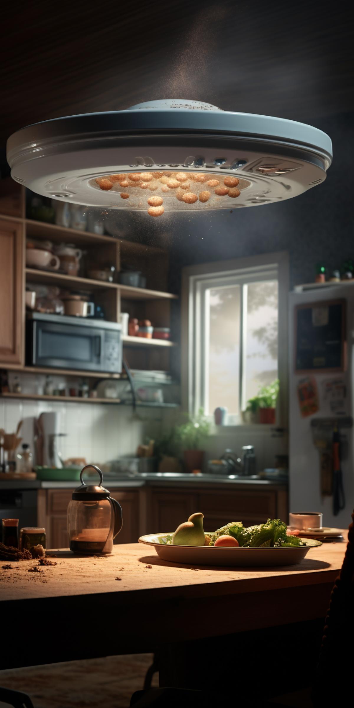 A very small flying saucer steals food in the kitchen, indoor photo