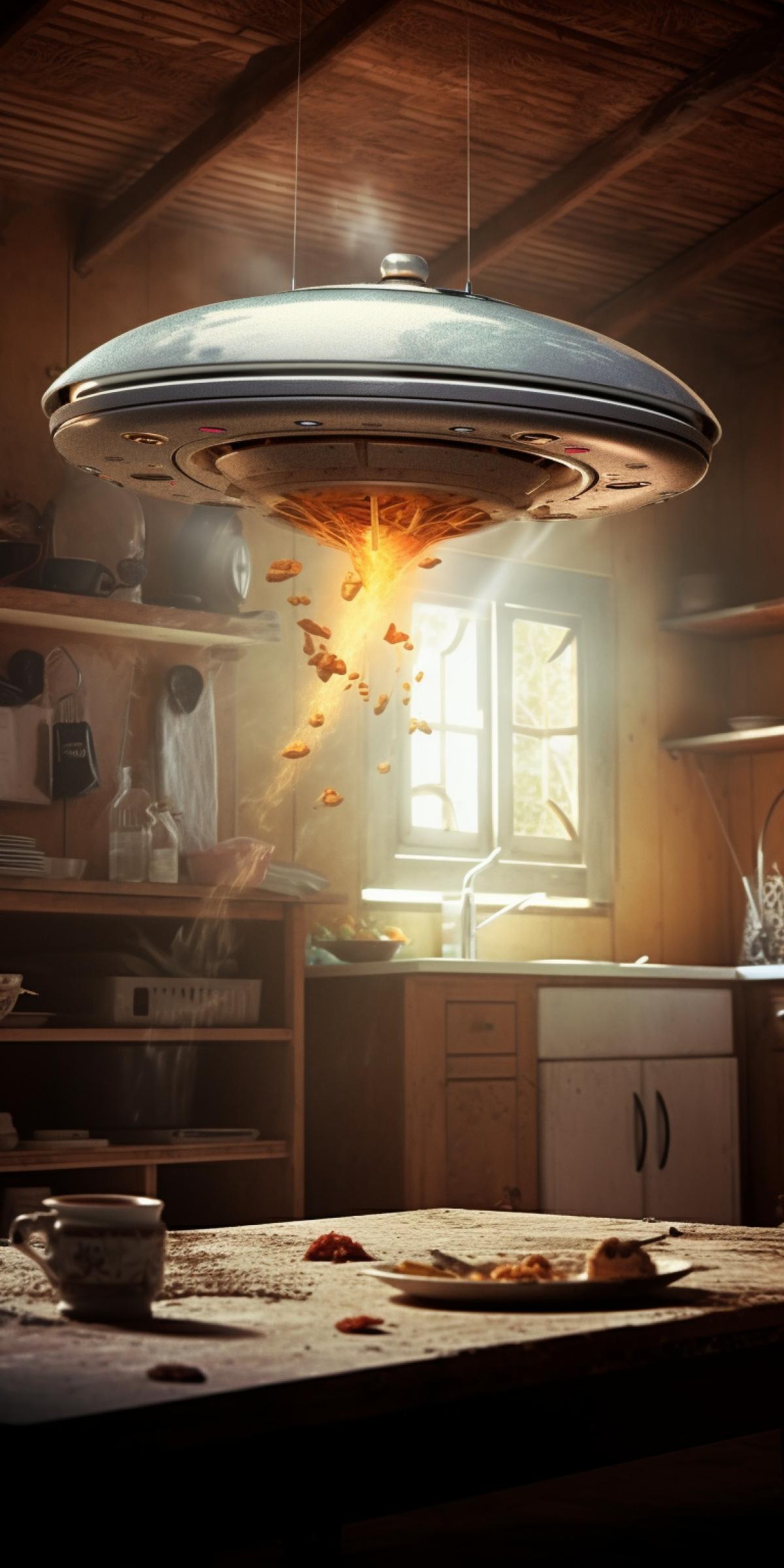 A very small flying saucer steals food in the kitchen, indoor photo