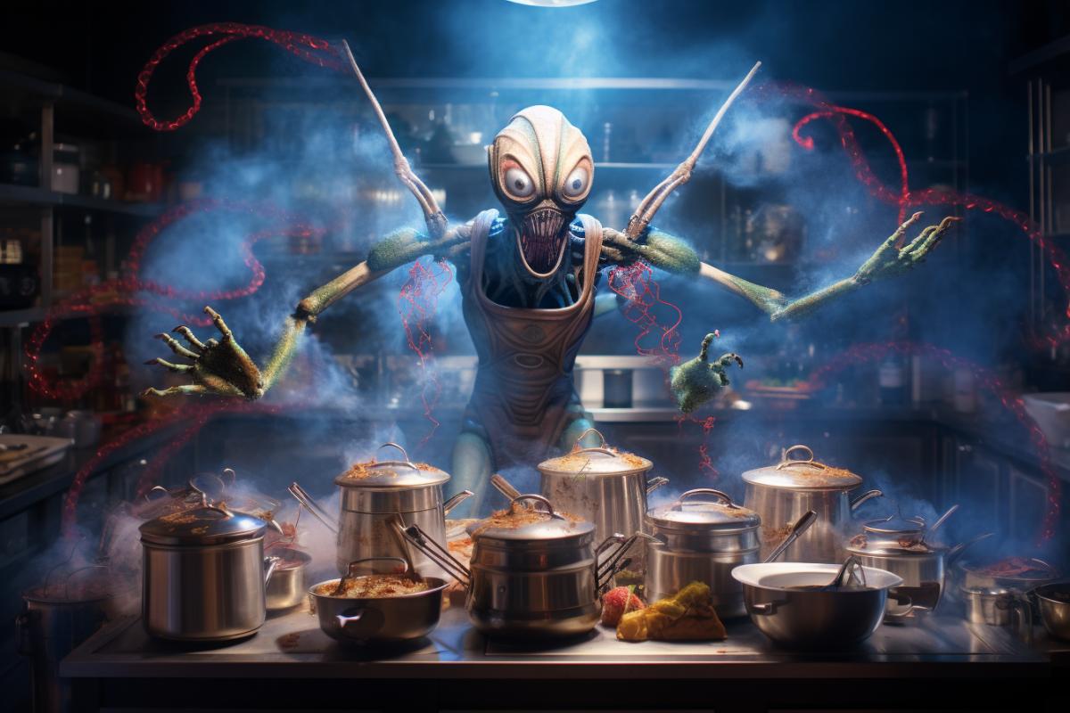 Photo of a tall, slender alien with multiple arms, expertly using each arm to multitask in a state-of-the-art kitchen. The scene is filled with steam, colorful dishes, and equipment that seems to be powered by unknown energy sources.