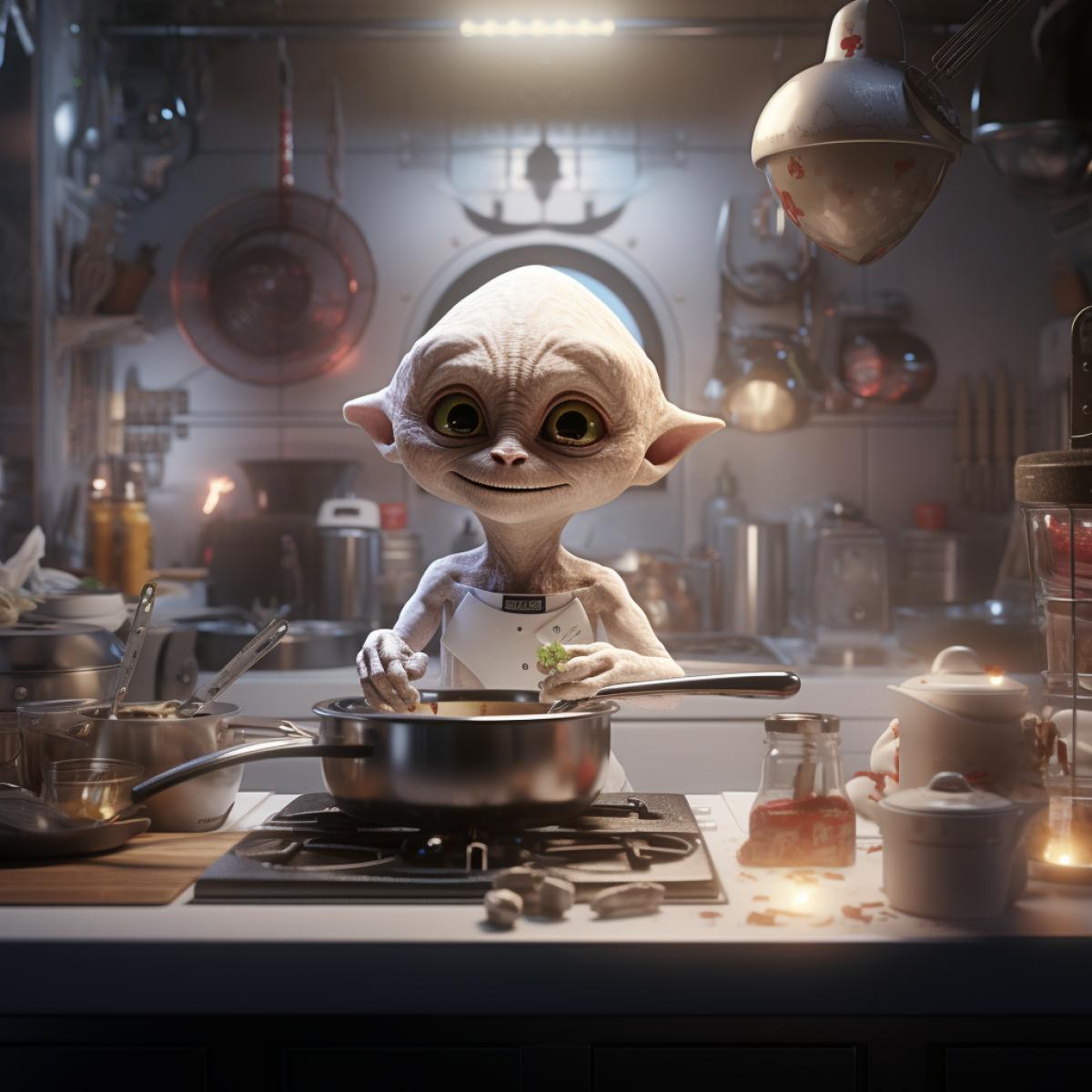 Photo of a cute Alien Chef in a futuristic kitchen