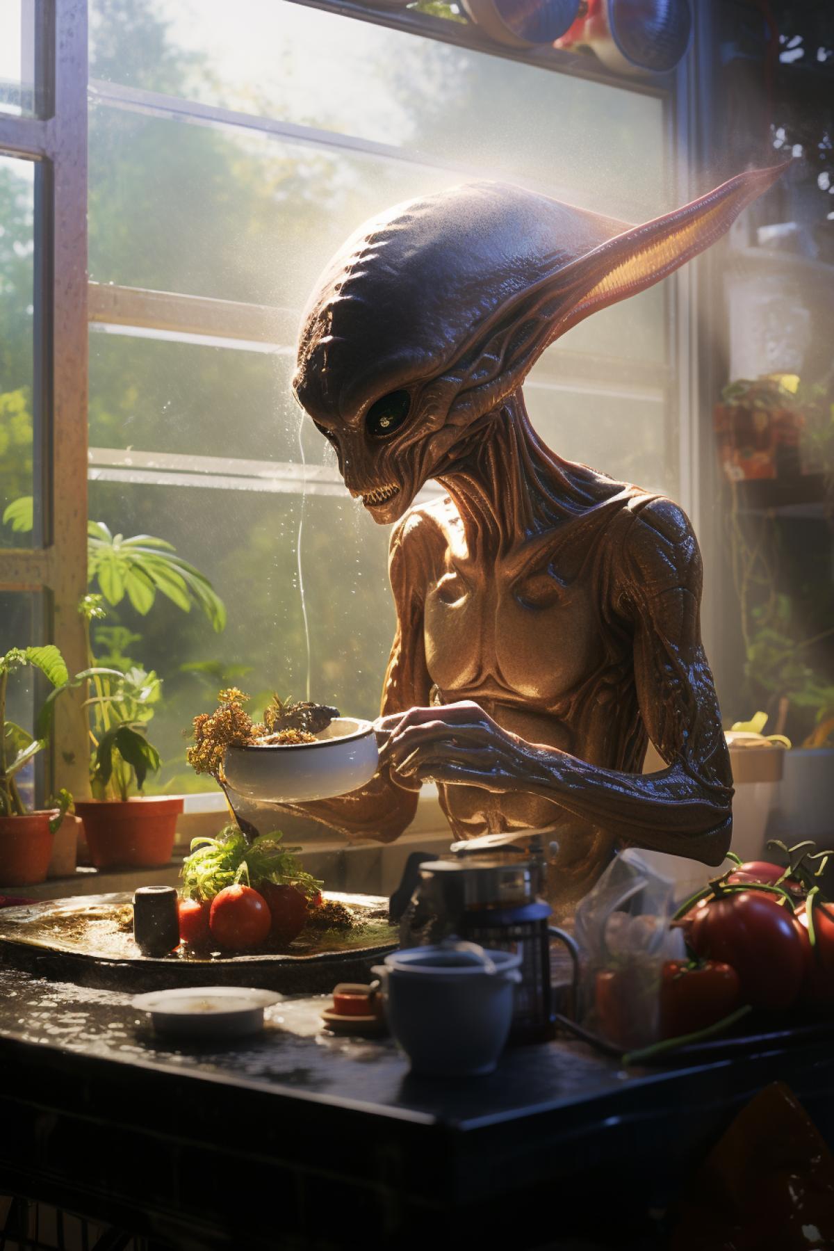 charismatic alien, cool alien, handsome alien, strong alien, cooking breakfast, bright lighting , sunny day