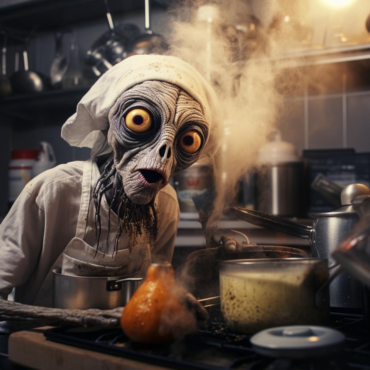 old crazy alien trying to cook in a kitchen messy professional photo